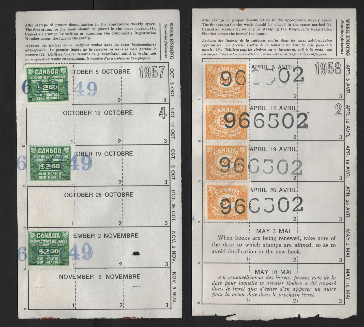 Lot 177 Canada (C) Van Dam#FU43, FU50, FU55 84c - $2.60 Yellow - Emerald Numeral, 1955 Unemployment Insurance Issue, 2 Very Fine Used Pages Franked With Singles, 1957-1958 Unemployment Insurance Books