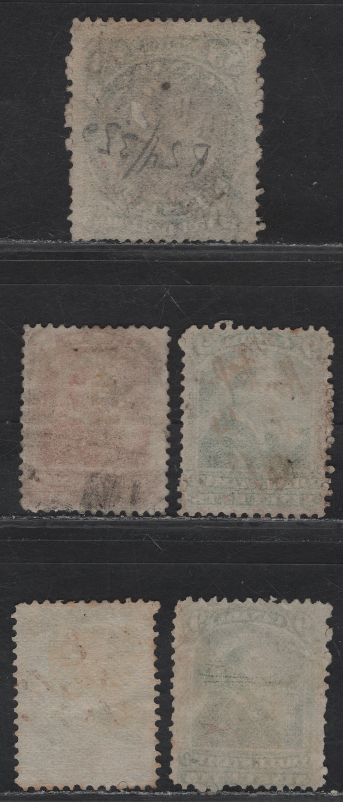 Lot 66 Canada #FB42, FB46, FB54 5c - $3 Orange - Black & Green Queen Victoria, 1868 Third Bill Issue, 5 Very Good/Fine Used Singles, Perf 12, 5c & 9c on Medium Paper, 2 Shades Of 9c & $3 On Thinner Paper.