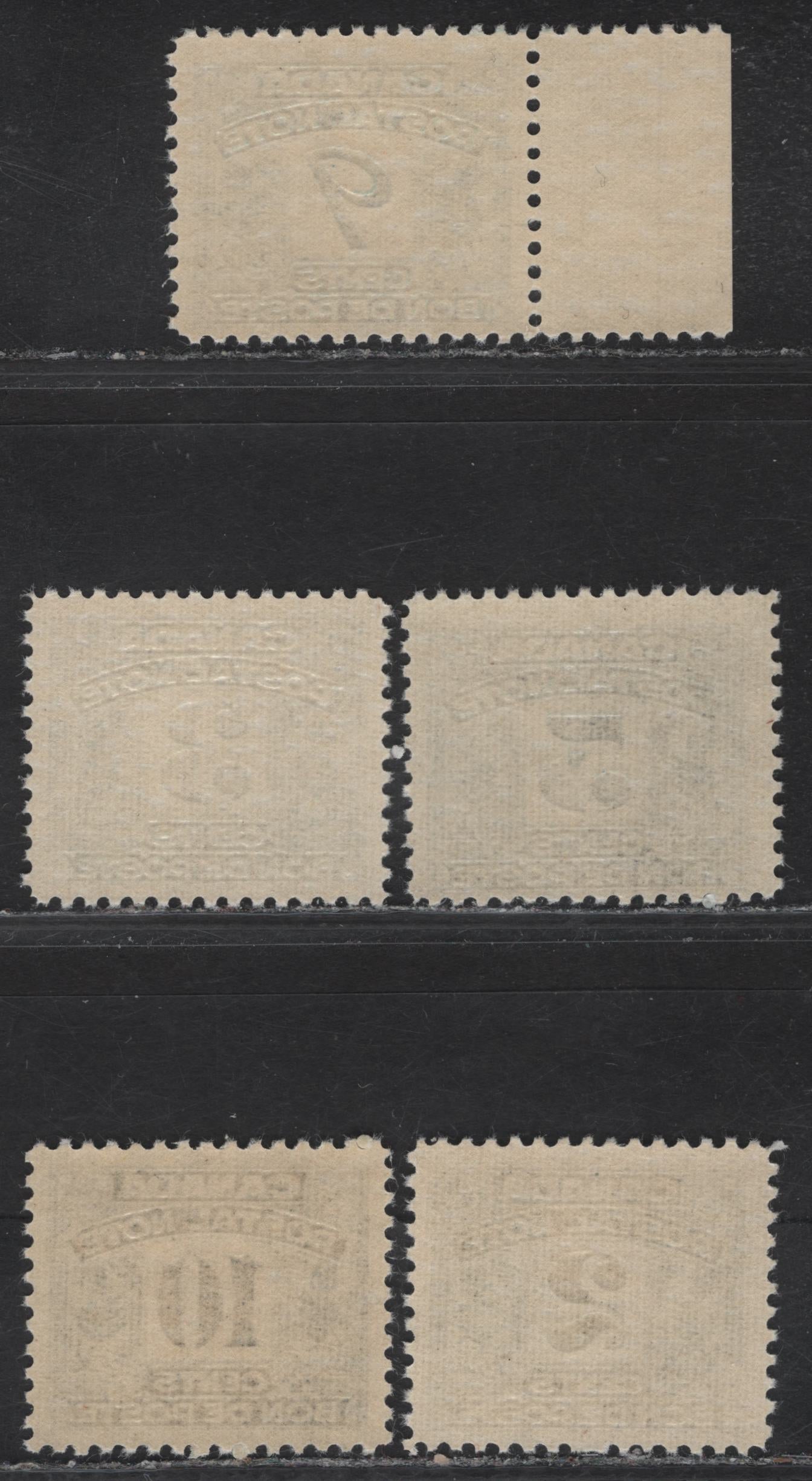 Lot 70 Canada #FPS4-5, FPS7, FPS11-12 2c - 10c Olive Green - Slate Green Numeral, 1932-1948 First Postal Note/Scrip Issue, 5 F/VFNH Singles, 3c, 2c & 5c Cream Gum Ribbed Vertically, 9c & 10c Cream Semi Gloss Gum