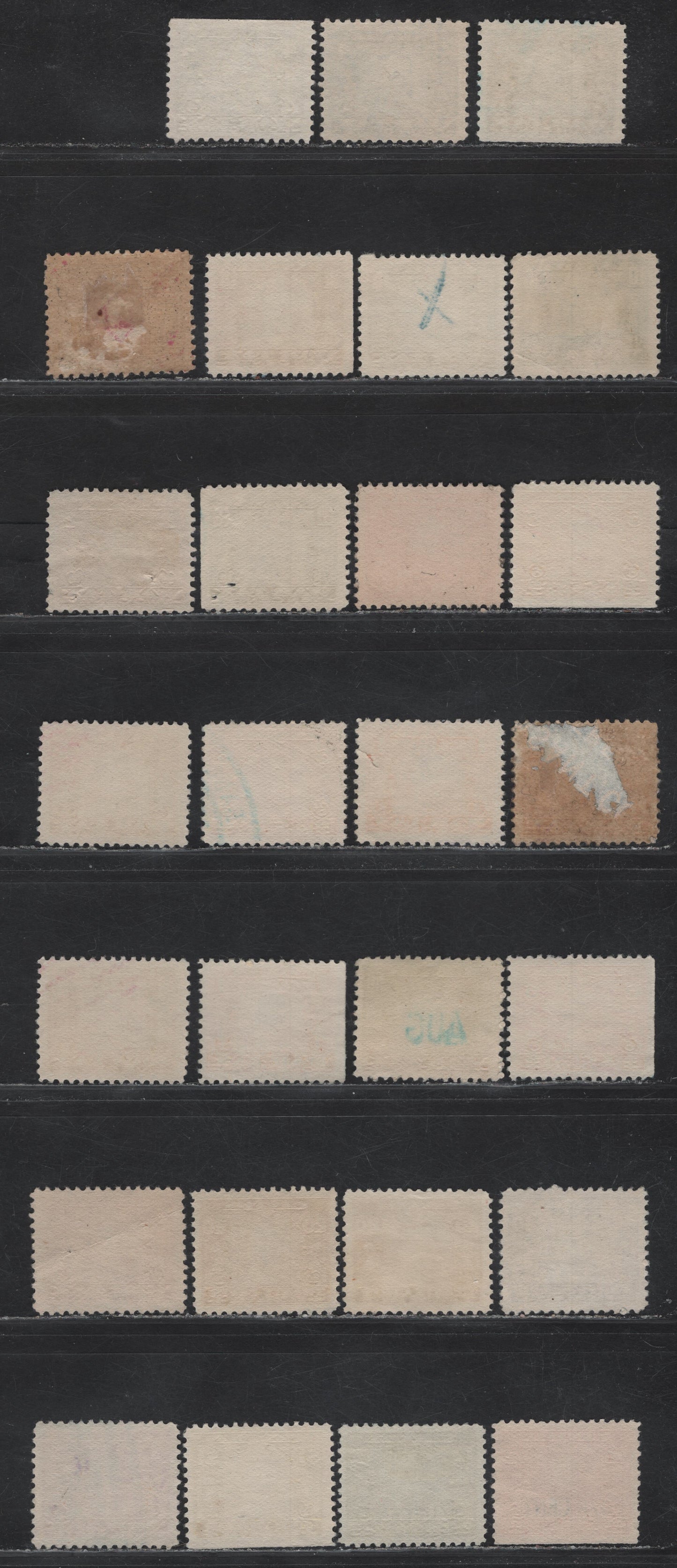 Lot 79 Canada Van Dam#FWT7-8, FWT10-13, FWT15, FX3, FX7, FX9, FX14, FX21, FX23 1c - 3/8c on 1/2c Orange - Carmine King George V, 1915-1923 KGV War Tax & Excise Tax Issues, 27 Fine/Very Fine Used Singles, Includes Many Shade Variations