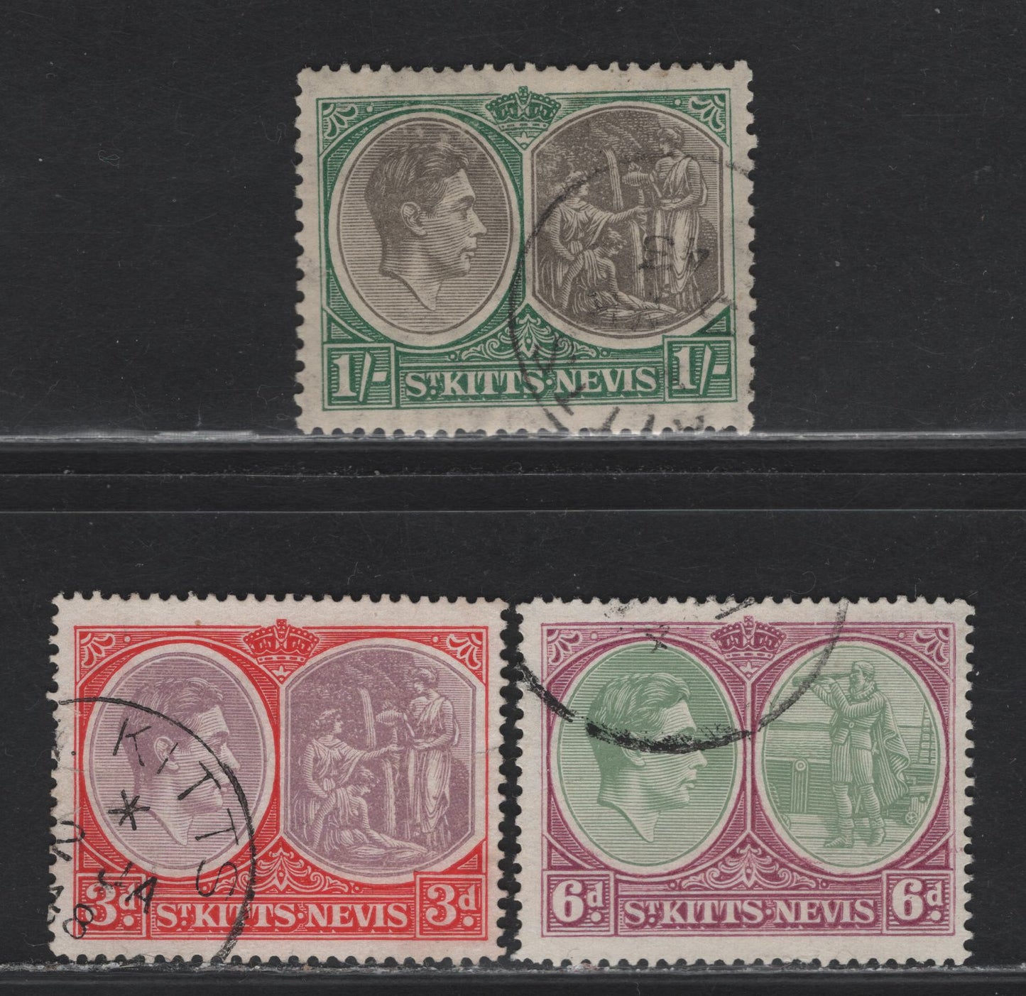Lot 82 St Kitts & Nevis (C) SG#73d, 74c, 75 3d - 1/- Purple & Bright Scarlet - Gray & Green King George VI & Columbus/Medicinal Spring, 1938-1950 KGVI & Columbus / Medicinal Spring Definitive Issues, 3 Fine/Very Fine Used Singles
