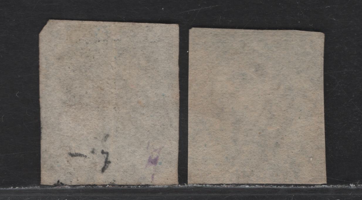 Lot 148 Barbados (C) SG#10, 12a 1d - 1/- Deep Blue - Black Britannia, 1855-1858 Britannia Issue, 2 Very Good/Fine Used Imperf Singles, White Paper, Unwatermarked, #1 Barred Numeral & Sunburst Cancellations