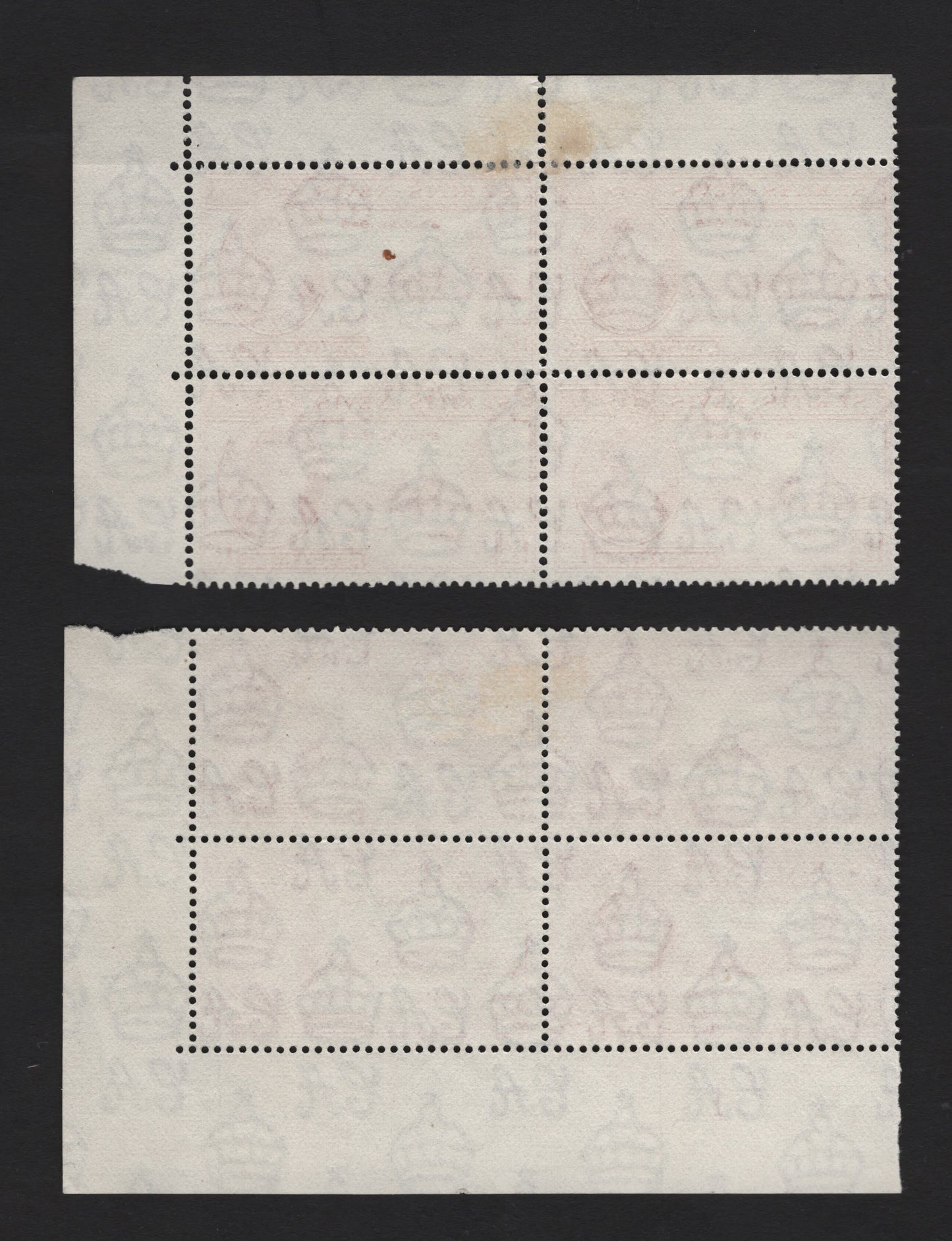 Lot 141 St Kitts & Nevis (C) SG#78-79 1.5d - 3d Red Orange - Carmine , 1946 Peace Issue, 2 Fine/Very Fine Used Blocks Of 4, UR & LR Blocks, Plate 1 On The 3d, March 10, 1947 St Kitts Cancels.