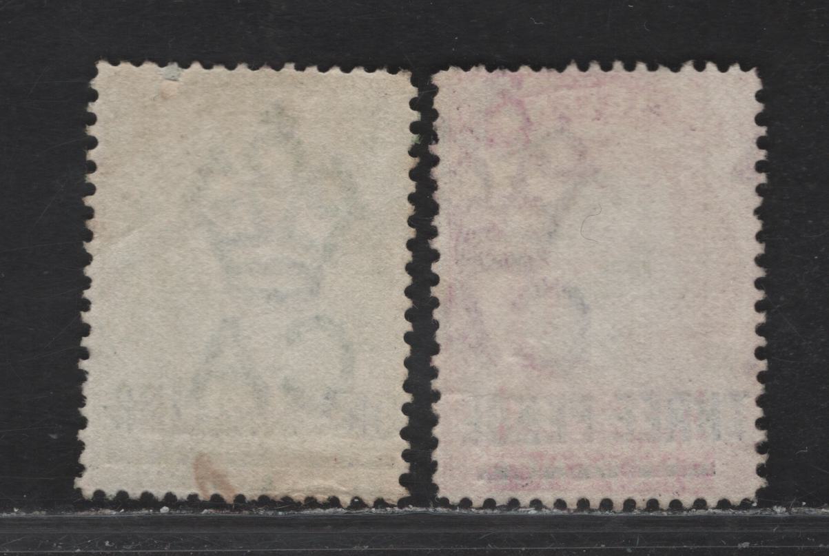 Lot 143 St. Helena (C) SG#41, 45 3d - 1/- Deep Mauve - Yellow Green , 1864-1894 Recess Printed Courbould Heads Issue, 2 Fine Used Singles, Surcharged, Two Examples With Segmented Cork Cancels