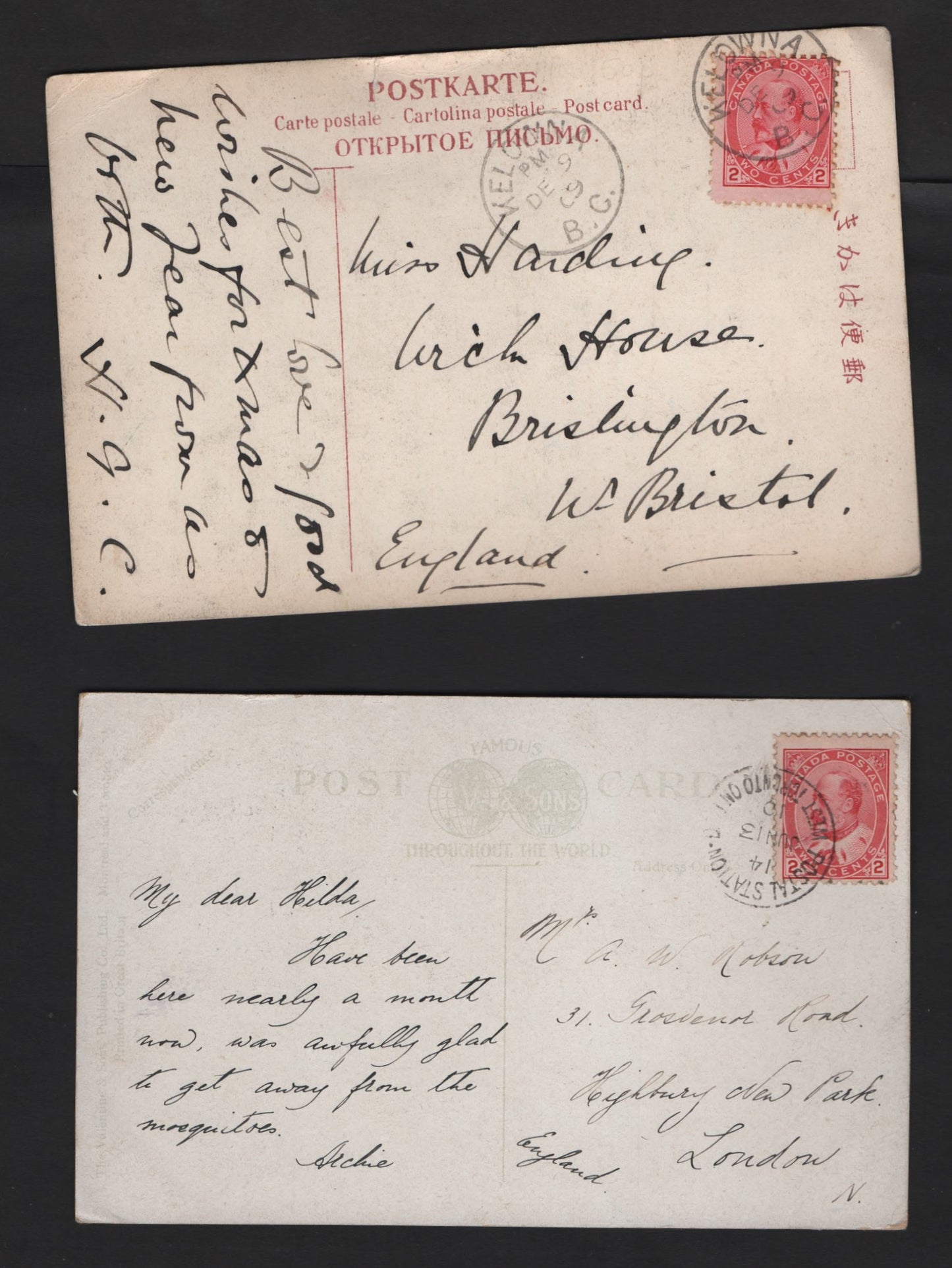 Lot 218 Canada 90 2c Carmine King Edward VII, 1903-1911 King Edward VII Issue, 2 VG & VF Picture Postcards One Depicting Yonge St. Dock in Toronto, Another Depicting a Japanese Woman in A Kimono, Some Corner Creases On This One