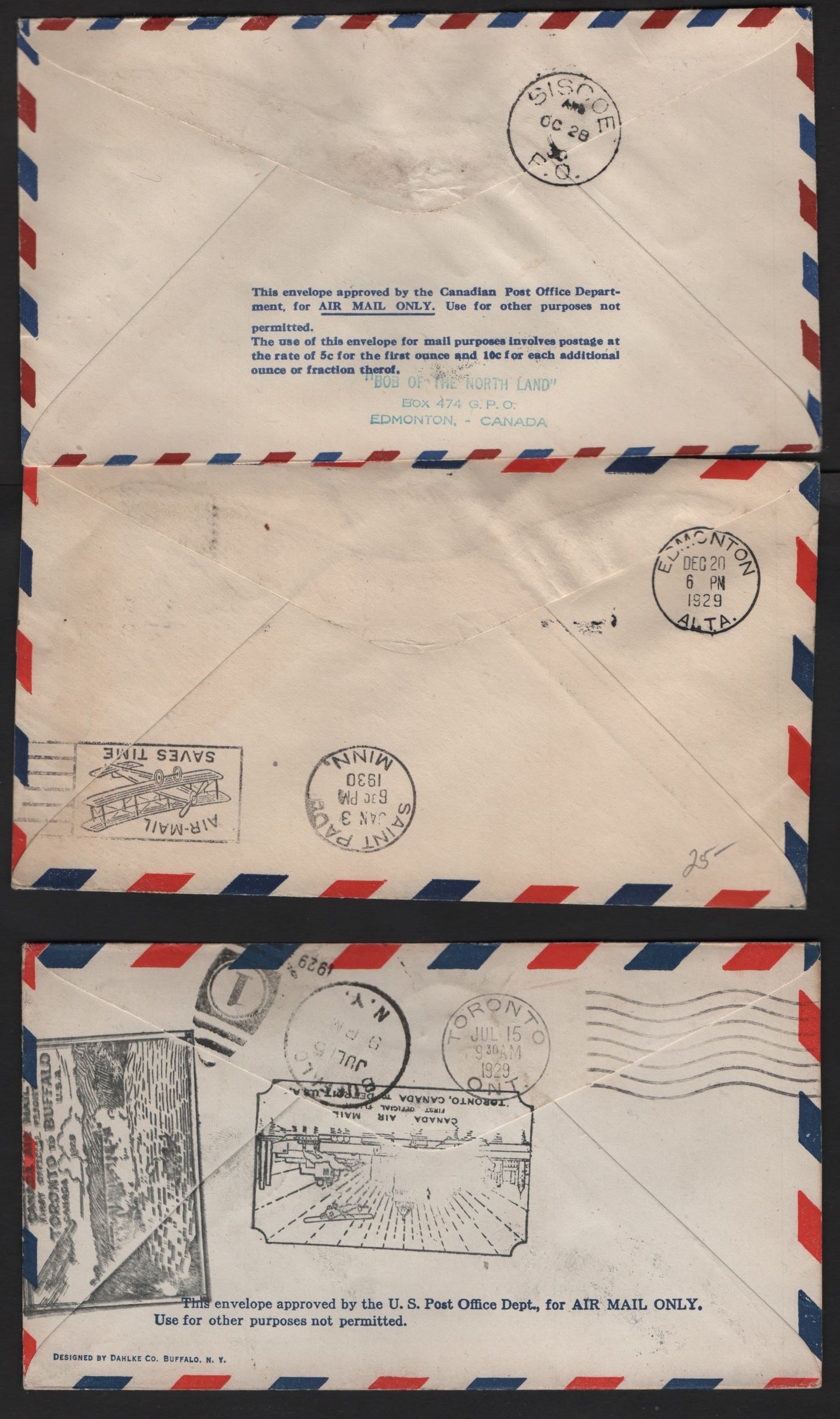 Lot 221 Canada C1 5c Olive Brown Allegorical Figures, 1928-1929 Scroll Issue, 3 VF First Flight Covers AAMC2943&2945r, 2967o & 3061, Toronto-Buffalo & Detroit-Toronto Combination Flight; Amos-Siscoe & Fort Smith-Fort McMurray