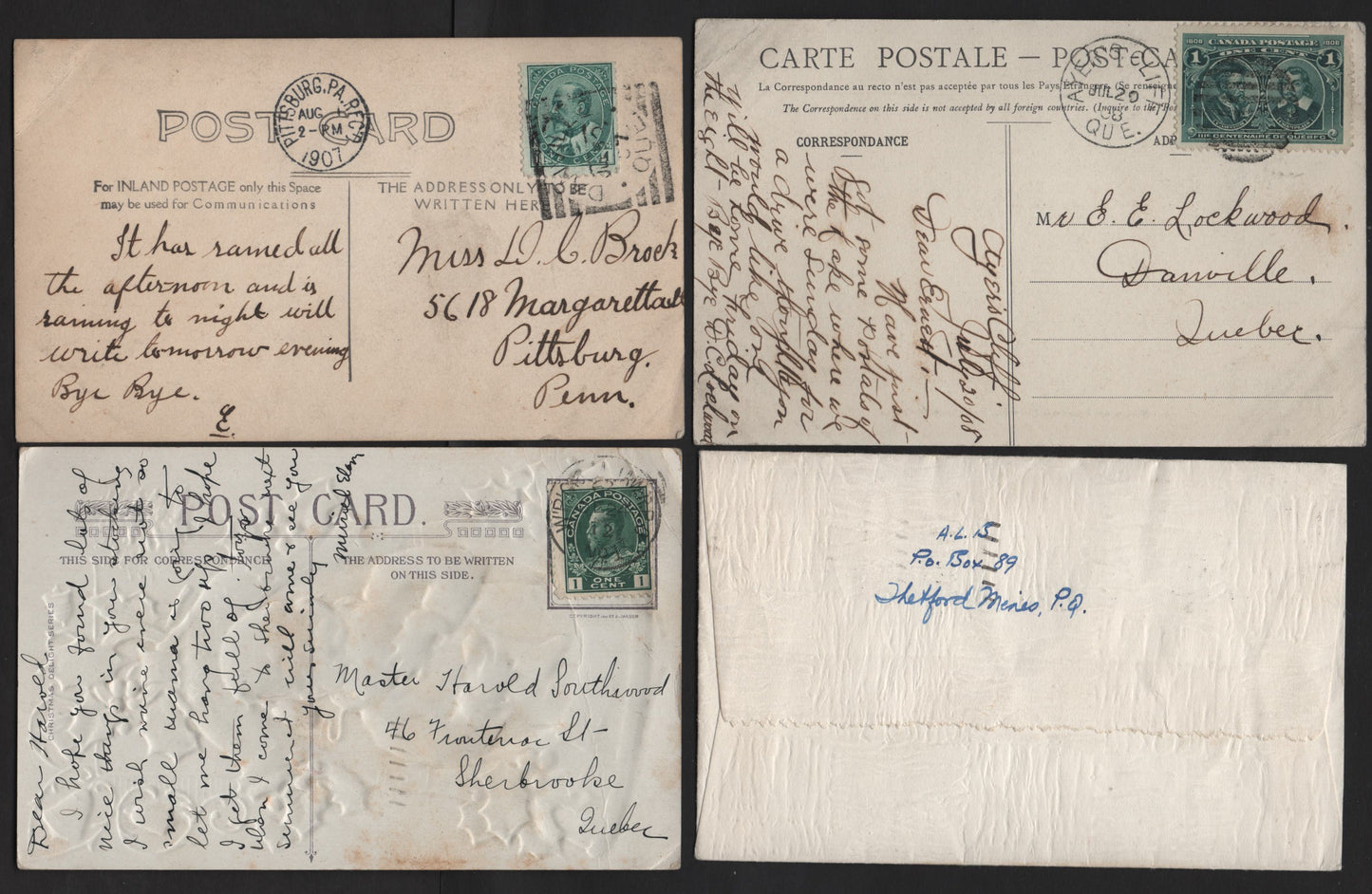 Lot 224 Canada 89iii, 97, 104b, 131 1c Blue Green & Dark Yellow Green, 1903-1928 King Edward VII, Quebec Tercentenary & Admiral Issues, 3 VF Postcards & 1 Cover Cover is At 3c Rate, Danville, QC Squarred Circle & Ayer's Cliffe Duplex Cancels