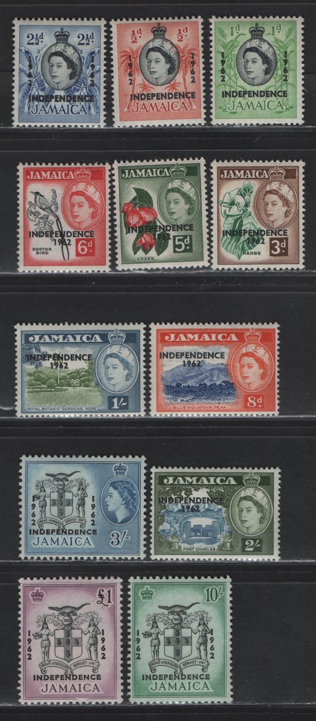 Lot 327 Jamaica (C) SG#181-192 1/2d - £1 Black & Deep Orange Red - Black & Purple , 1962 Independence Overprinted Pictorial Issue, 12 F/VFNH Singles, Some Minor Gum Toning On 10/- & £1