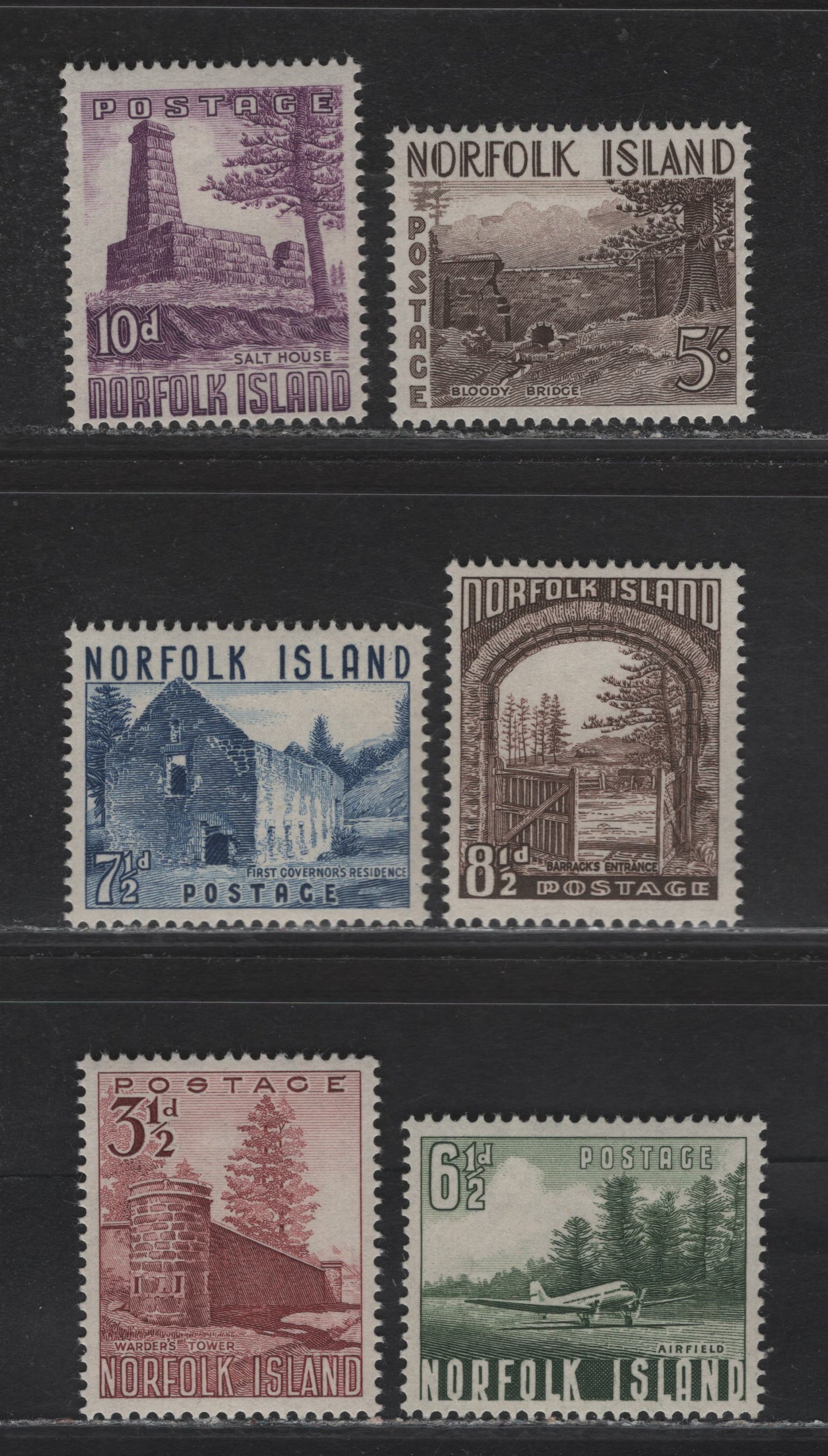 Lot 353 Norfolk Island (C) SG#13-18 3.5d - 5/- Brown Lake - Sepia , 1953 Pictorial Definitive Issue, 6 VFOG Singles