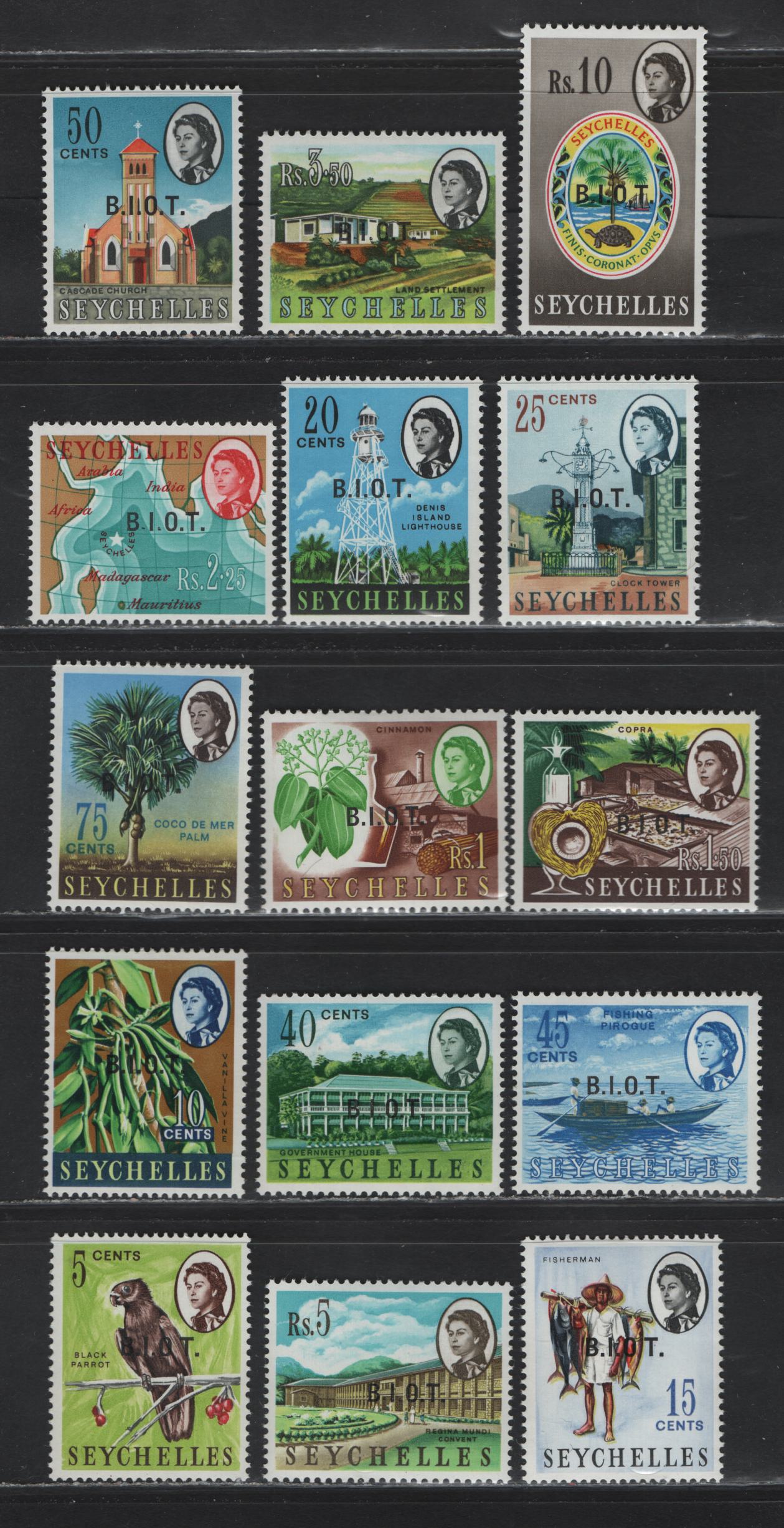 Lot 377 British Indian Ocean Territory (C) SG#1b, 2, 3b, 4-15 5c-10r Multicoloured Black Parrot - Colony's Badge, 1968 Overprinted Seychelles Definitive Issue, 15 VFNH Singles Including 3c & 15c With No Stop After "O" Varieties