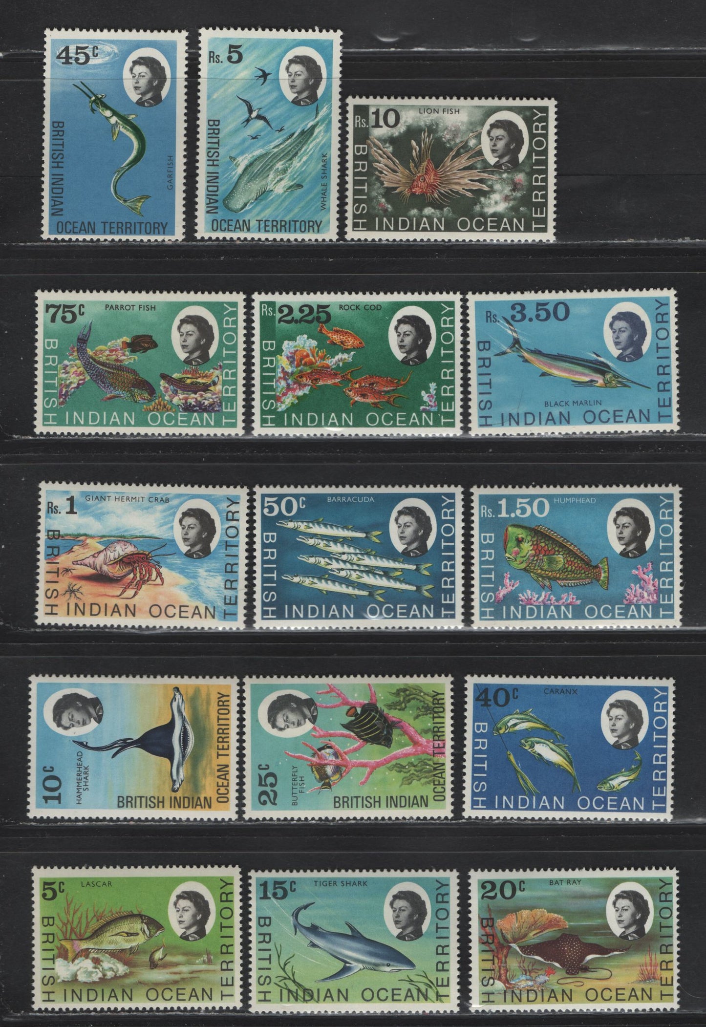 Lot 378 British Indian Ocean Territory (C) SG#16-20, 21-23, 24, 25-30 5c-10r Multicoloured Lascar-Lionfish, 1968-1970 Marine Life Definitives, 15 VFNH Singles