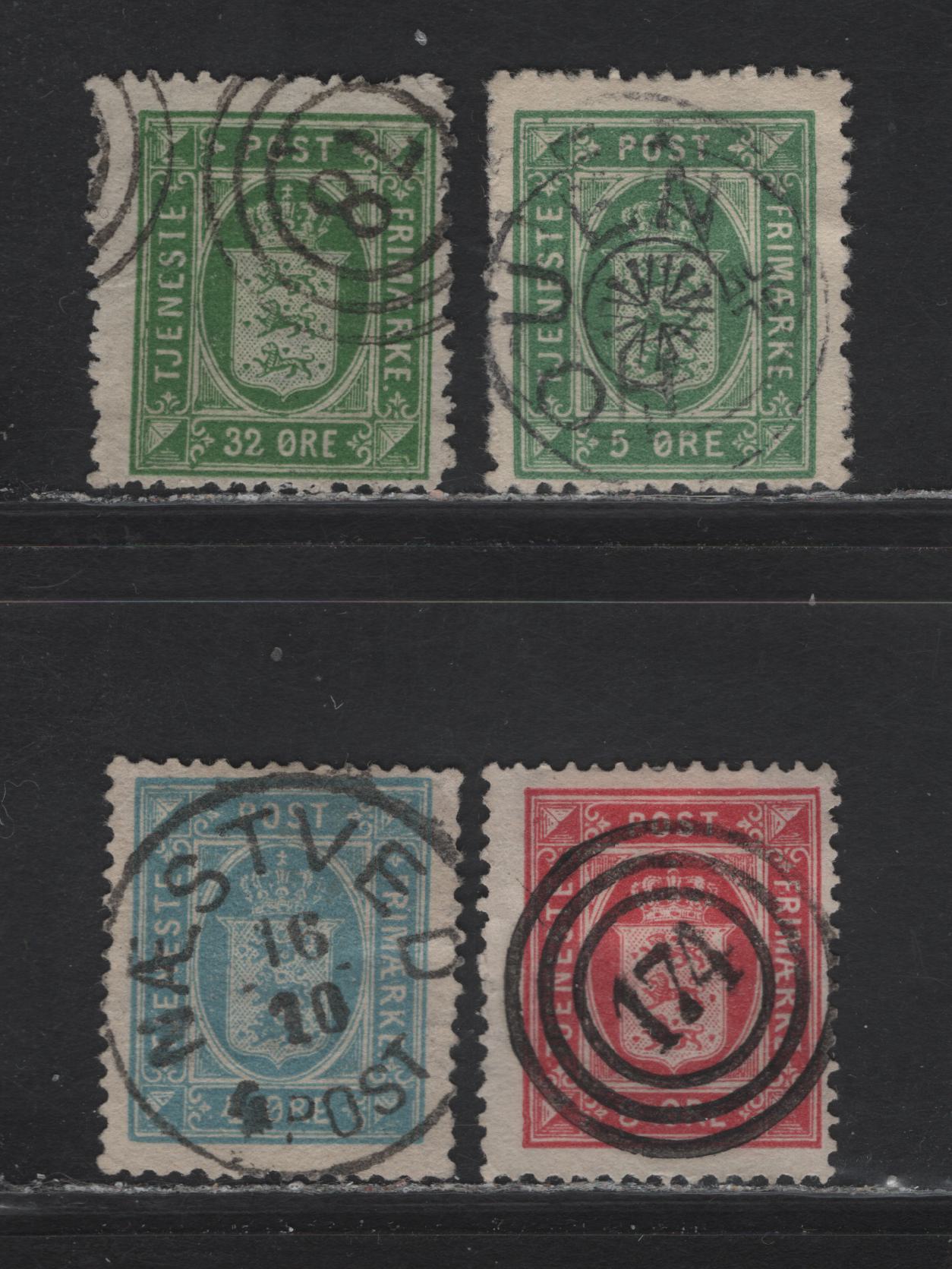 Lot 115 Denmark SC#O7-O9, O14 4o - 5o Pale Blue - Green Arms, 1875-1906 Arms Official Issues, 4 Fine Used Singles, Perfs 14x13.5 & 13, Wmk 112 & 113, SON Town & Numeral Cancels.