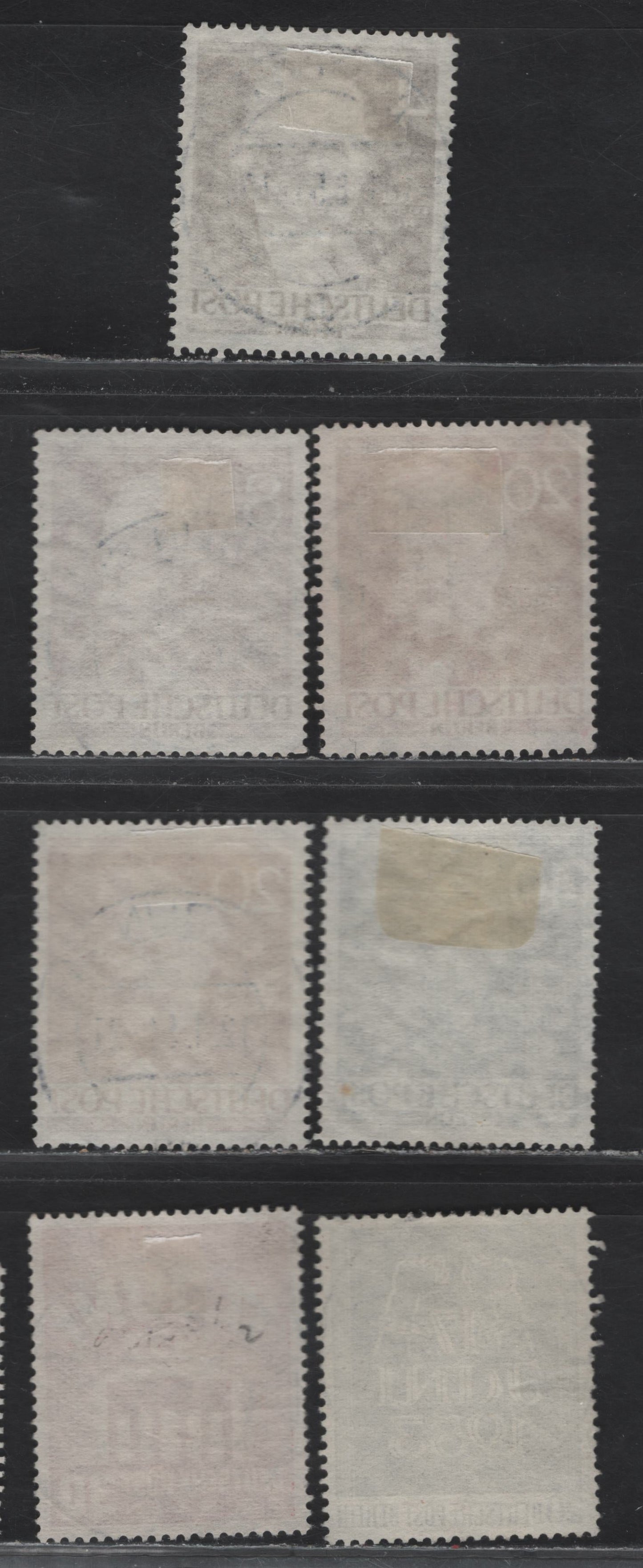 Lot 181 Germany - Berlin SC#9N84, 9N87, 9N90, 9N93, 9N99-9N100 4pf-30pf Brown-Deep Carmine Carl Freidrich Zelter - Brandenburg Gate, 1952-1953 Portraits - East German Workers' Strike, 7 Fine & VF Singles With SON CDS Berlin Cancels