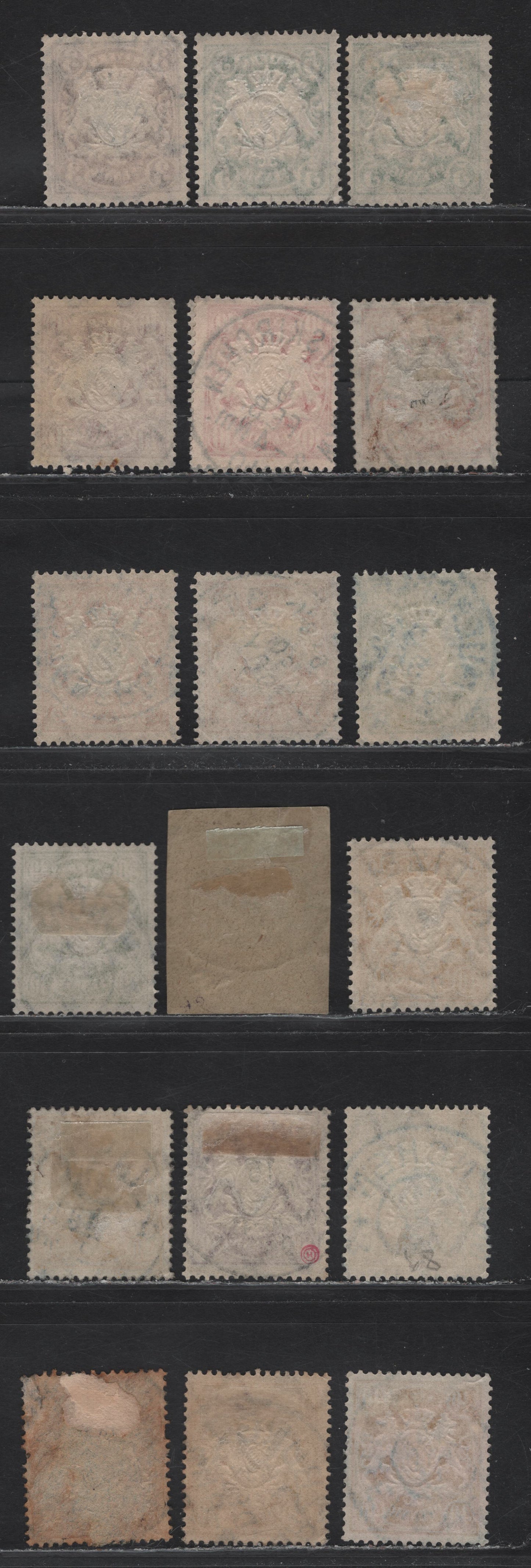 Lot 26 Bavaria #60, 62, 63, 66, 67, 68, 71 3pf Olive Brown - 80pf Lilac, 1888-1900 Embossed Arms Issue, Wmk Horizontal Wavy Lines, 18 F&VF Used Singles All With SON Town Cancels