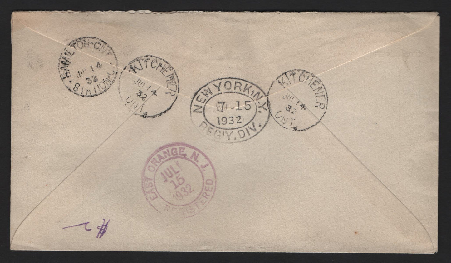 Lot 297 Canada (C) #163, 192 1c & 3c Green - Scarlet King George V, 1930-1932 Scroll - Medallion Issues, A Very Fine Used Cover, Registered Sent From Kitchener To New Jersey 2 Days After Issue Of Ottawa Conference Stamps