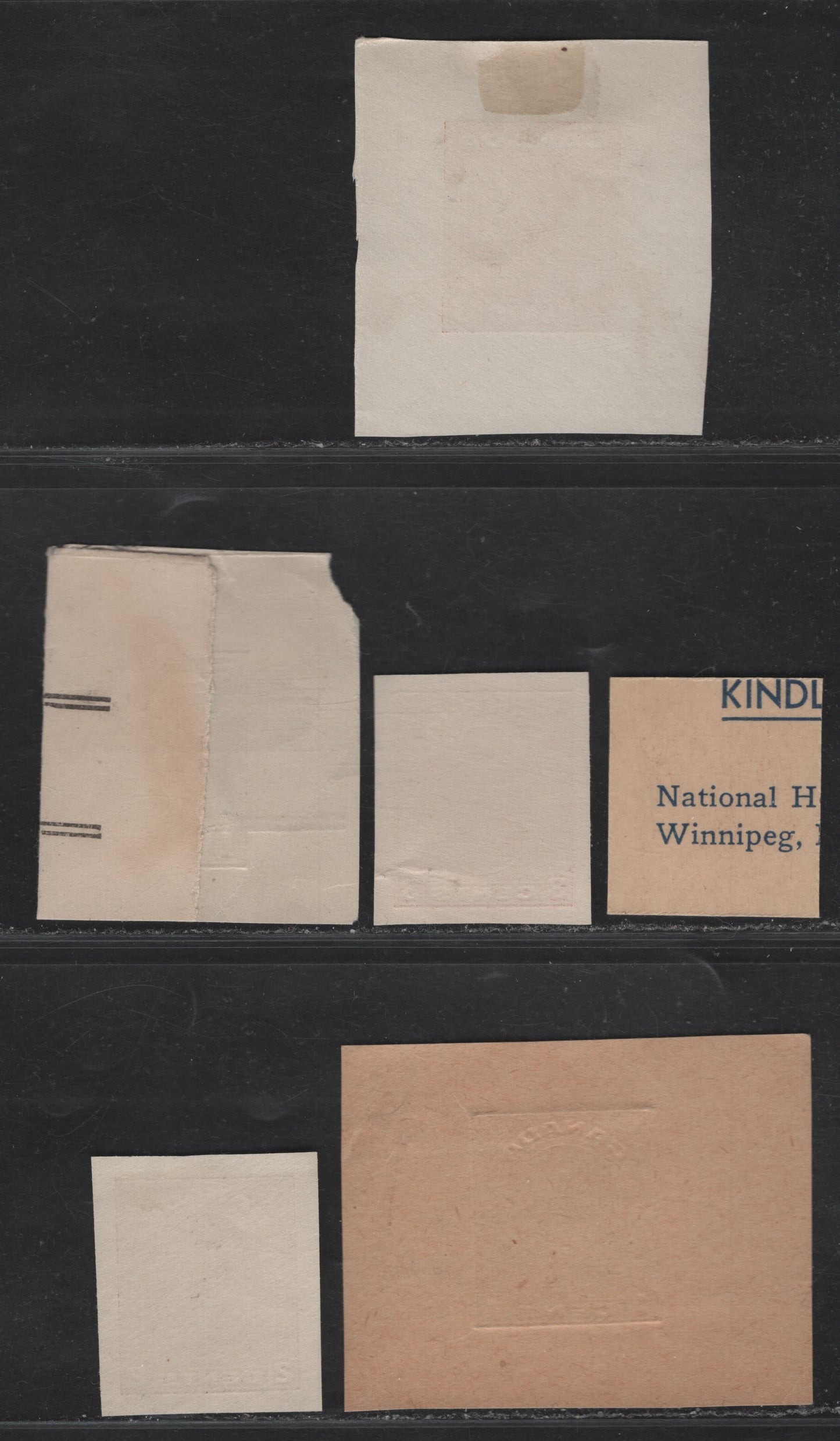 Lot 309 Canada #U44, U47-U448, U021a, Ux65, U025a 3c - 2c Scarlet - Brown King George V, 1930-1935 Arch/Leaf - Medallion Issues, 6 Very Fine Cut Squares, Cut Squares From Envelopes, Postcards & Special Order Envelopes
