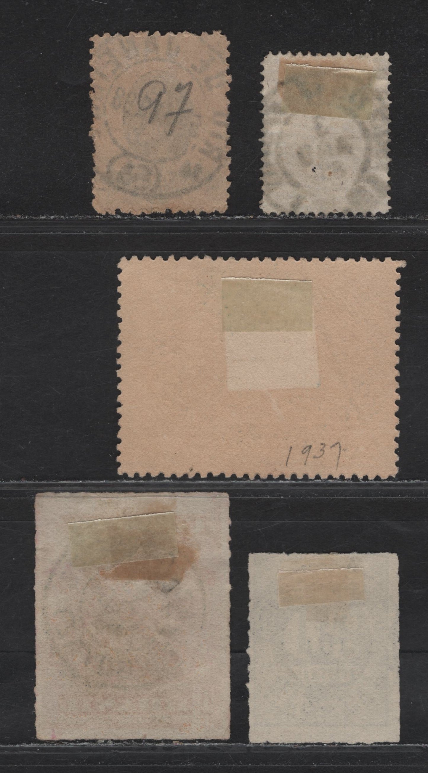 Lot 98 Brazil SC#92, 118, 429, J11, P1 100r - 10r Lilac - Yellow Numeral - Newspaper, 1885-1889 Numeral - Newspaper Issues, 5 Fine/Very Fine Used Singles, SON Cancels
