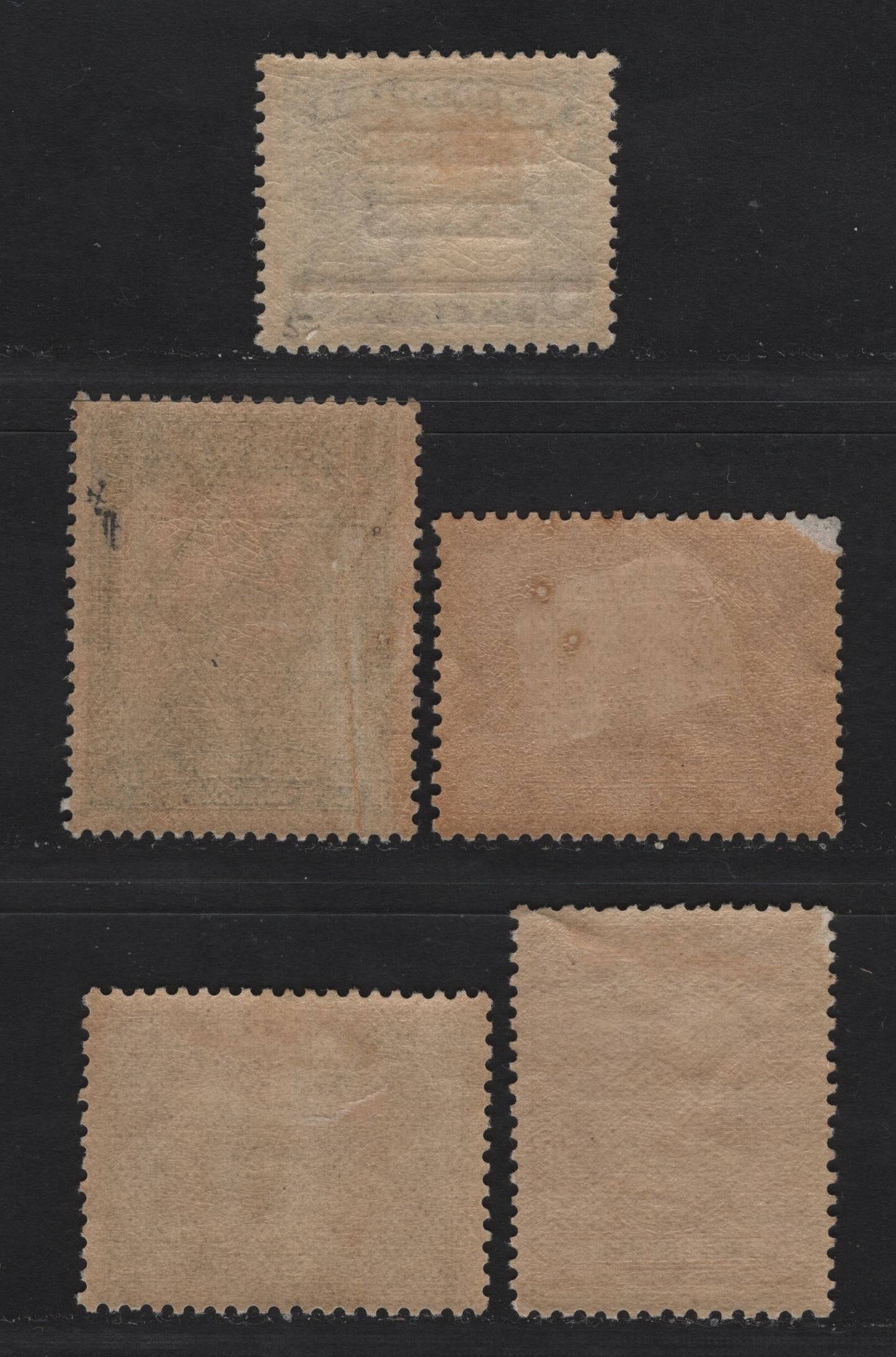 Lot 158 Newfoundland #145-148, 160 1c-3c on 6c Deep Green, 1928 Publicity Issue & 1929 Surcharged Pictiorial Issue, 5 Fine & VFOG Singles Papers WM-F, WM-G, WM-M and WM-N, Comb Perf 14.2 x 14, 13.6 x 12.75, 12.75 x 13.4 and 14.1 x 14