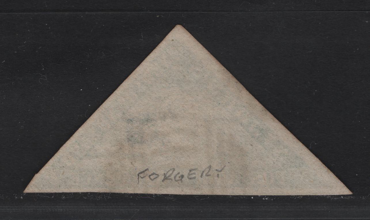 Lot 27 Newfoundland #3f 3d Green, 1857 Pence Issue, A VF Used Single Lithographed Forgery Attributed To Spiro Brothers