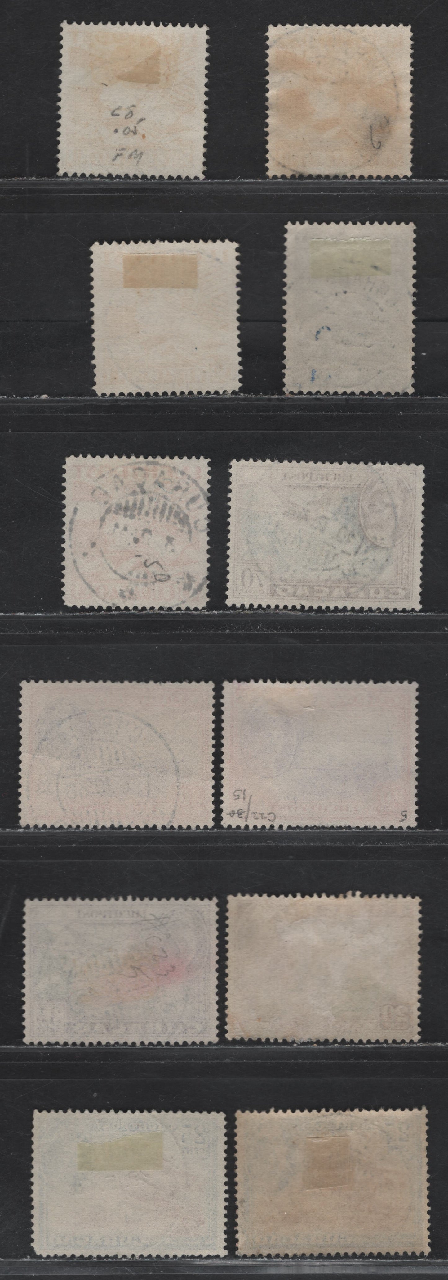 Lot 282 Netherlands Antilles SC#C8, C11, C20-C23, C28, C32A 30c-6c Yellow - Grey Black Allegory Of Flight - Plane & Post Horn, 1931-1939, 1942 & 1947 Airmail Issues, 12 VF Used Singles With SON CDS Town Cancels