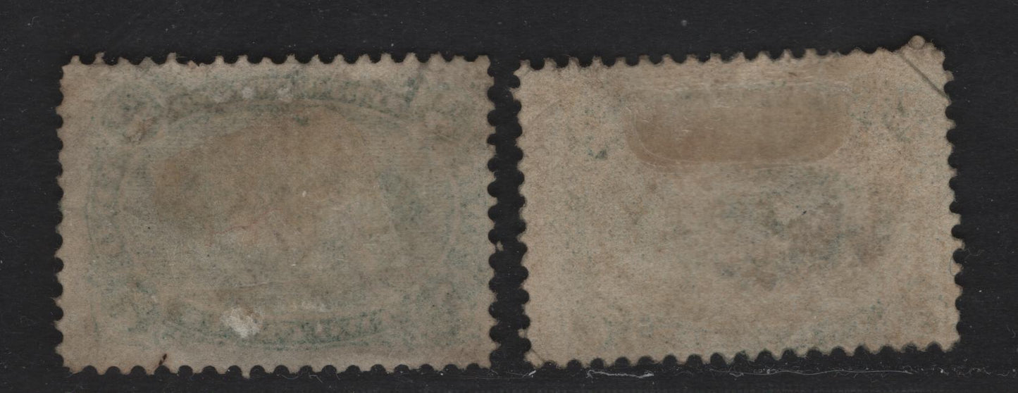 Lot 43 Newfoundland #24,24a 2c Green, 1865-1894 First Cents Issue, 2 FR&VG Used Singles On Papers Cents-U & Cents-V