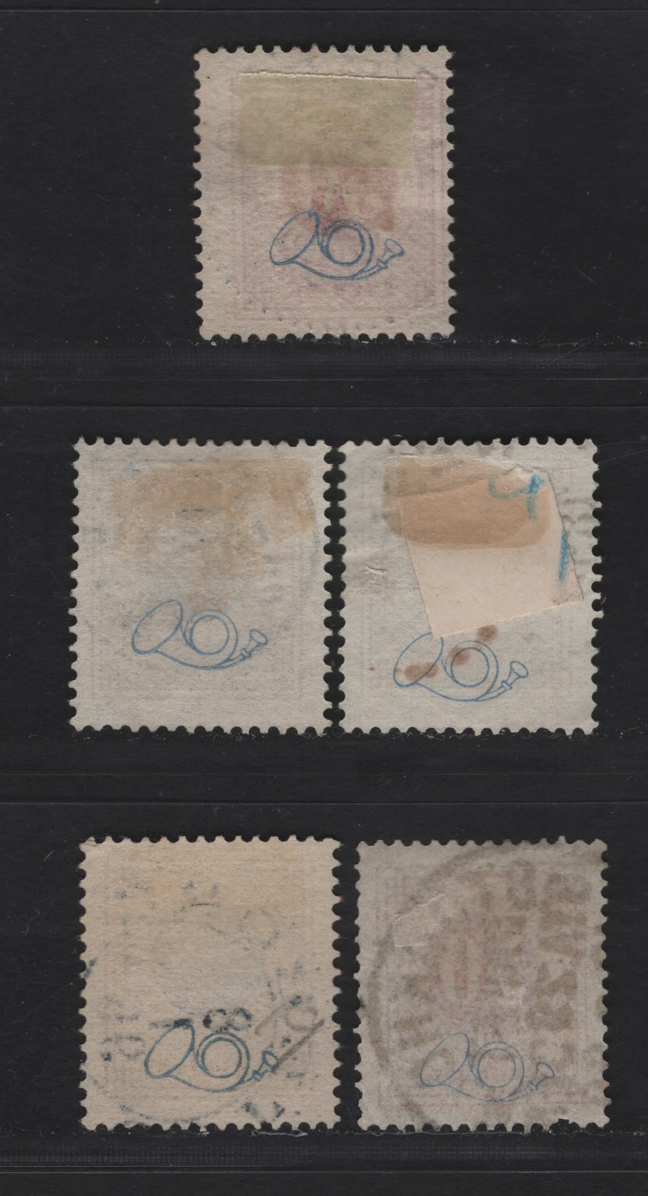 Lot 155B Sweden SC#48-49 50o - 1k Rose - Bistre & Dark Blue Numeral - Coat of Arms, 1886-1891 Numeral Issue, 5 Fine/Very Fine Used Singles, Perf 13, Posthorn on Back, SON Town Cancels.