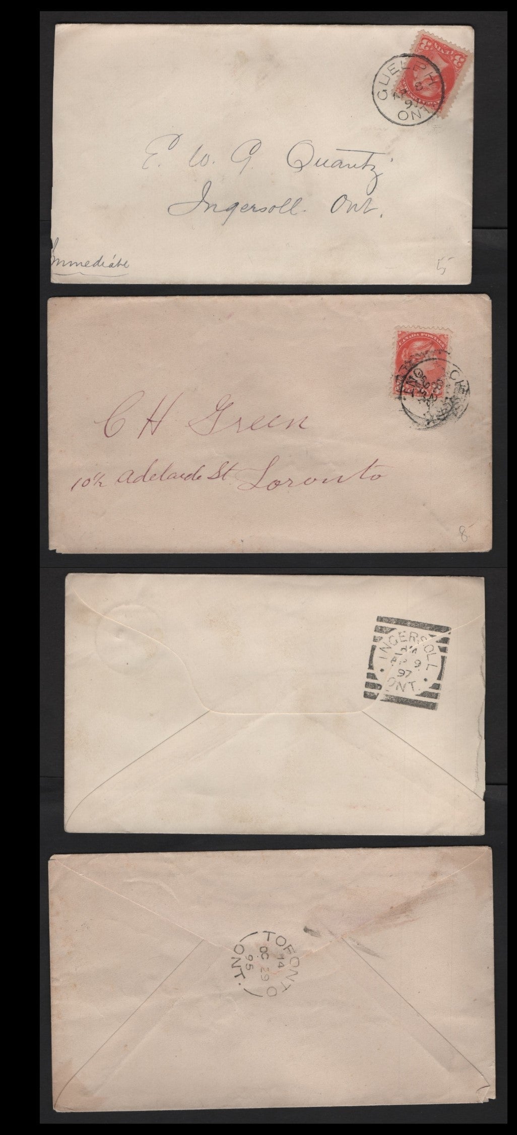 Lot 225 Canada #41 3c Vermilion Queen Victoria, 1870-1897 Small Queen Issue, 2 Fine & VF Domestic Covers Franked With Single Second Ottawa Printings, Guelph, Chester CDS Cancels, Ingersoll Squared Circle & Toronto Split Ring Cancels