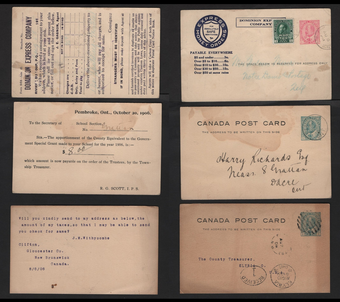 Lot 232 Canada #UX22-22a, UX23 1c Green, Rose King Edward VII, 1903-1904 King Edward VII Issue, 3 Fine Postcards One With Pre-Printed Dominion Express Info, Uprated, Pembroke ON CDS, Usal Age Toning & Light Creases