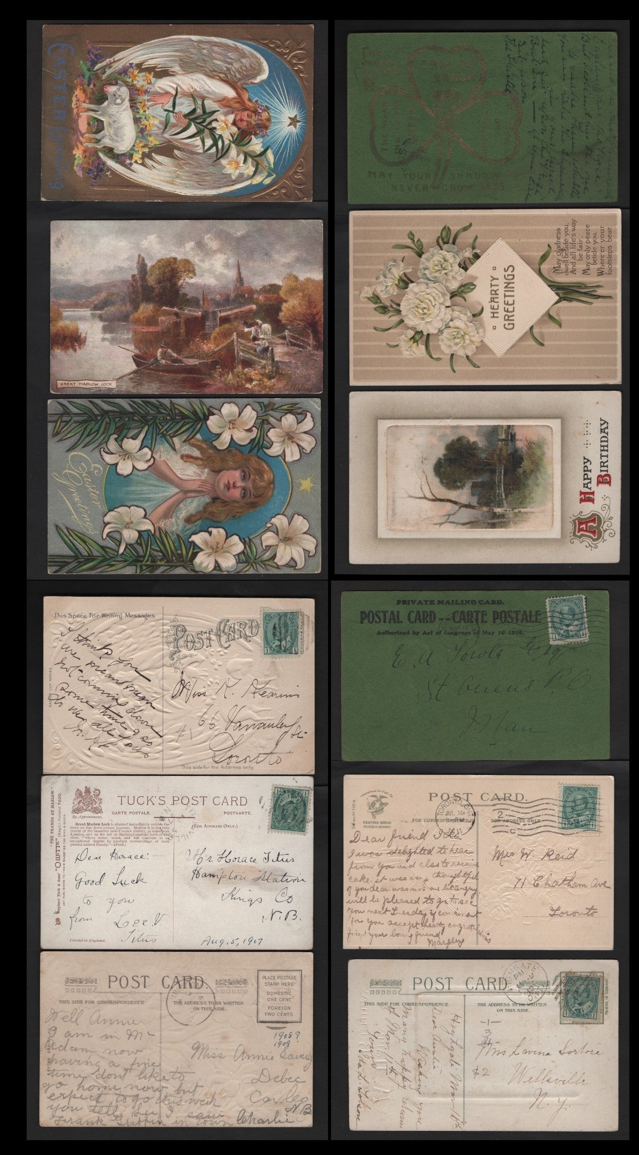 Lot 237 Canada #89i-89iii 1c Deep Green - Blue Green King Edward VII, 1903-1911 King Edward VII Issue, 6 VF Picture Postcards Depicting A Variety Of Subjects, One With Silk Picture, Titusvile NS Split Ring & Highgate ON Duplex Cancels