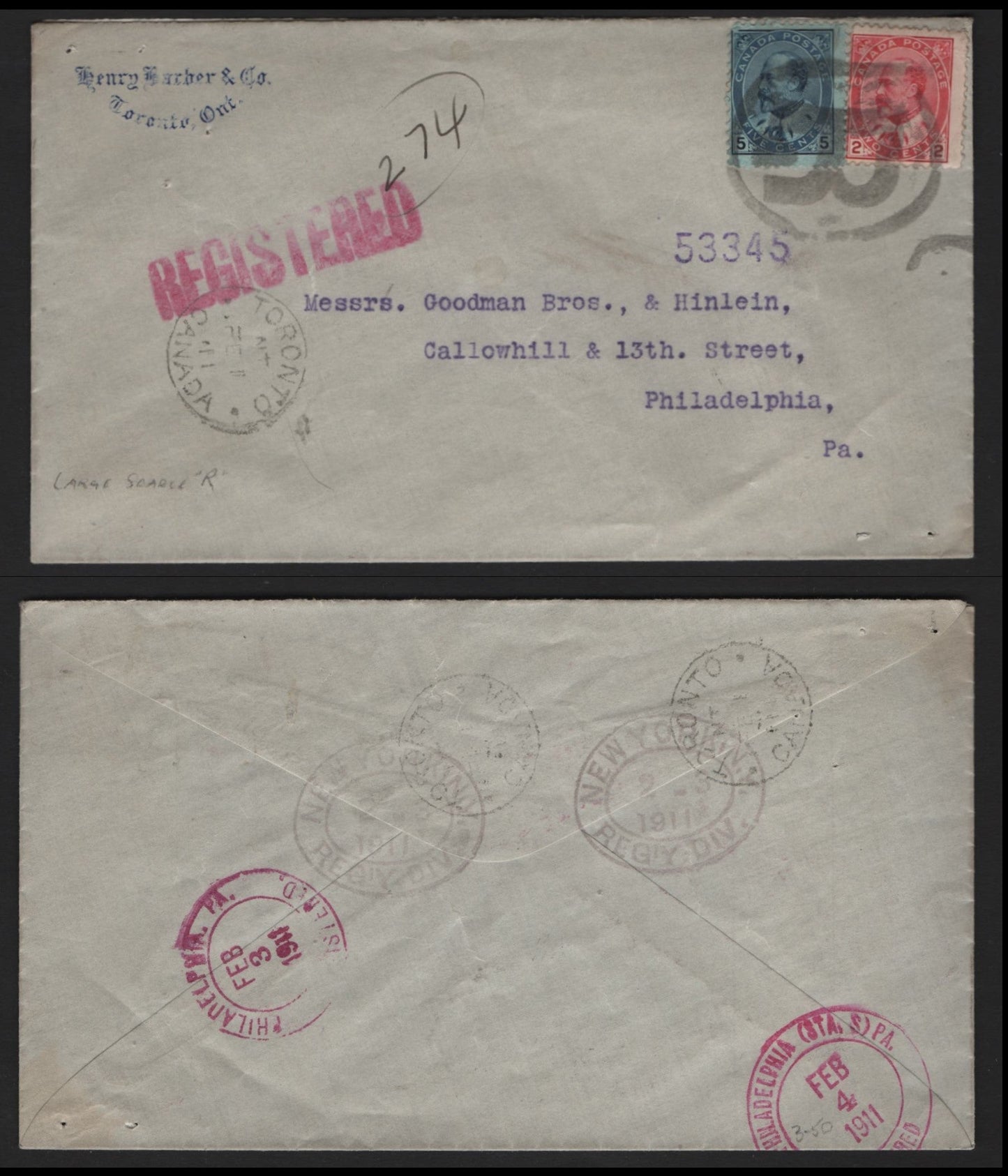 Lot 240 Canada #90-91 2c, 5c Carmine Rose & Blue on Bluish King Edward VII, 1903-1911 King Edward VII Issue, A Fine Registered Domestic Cover Franked With Singles, Tied By Large Rubber "R" & Toronto Cancels, Philadelphia & New York Backstamps