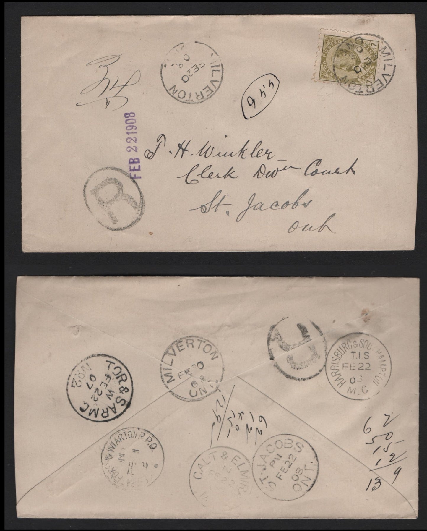 Lot 243 Canada #92i 7c Greenish Bistre King Edward VII, 1903-1911 King Edward VII Issue, A VF Registered Domestic Cover Franked With A Single, Tied By February 20, 1908, Milverton,ON Cancel & 4 Different RPO Cancels