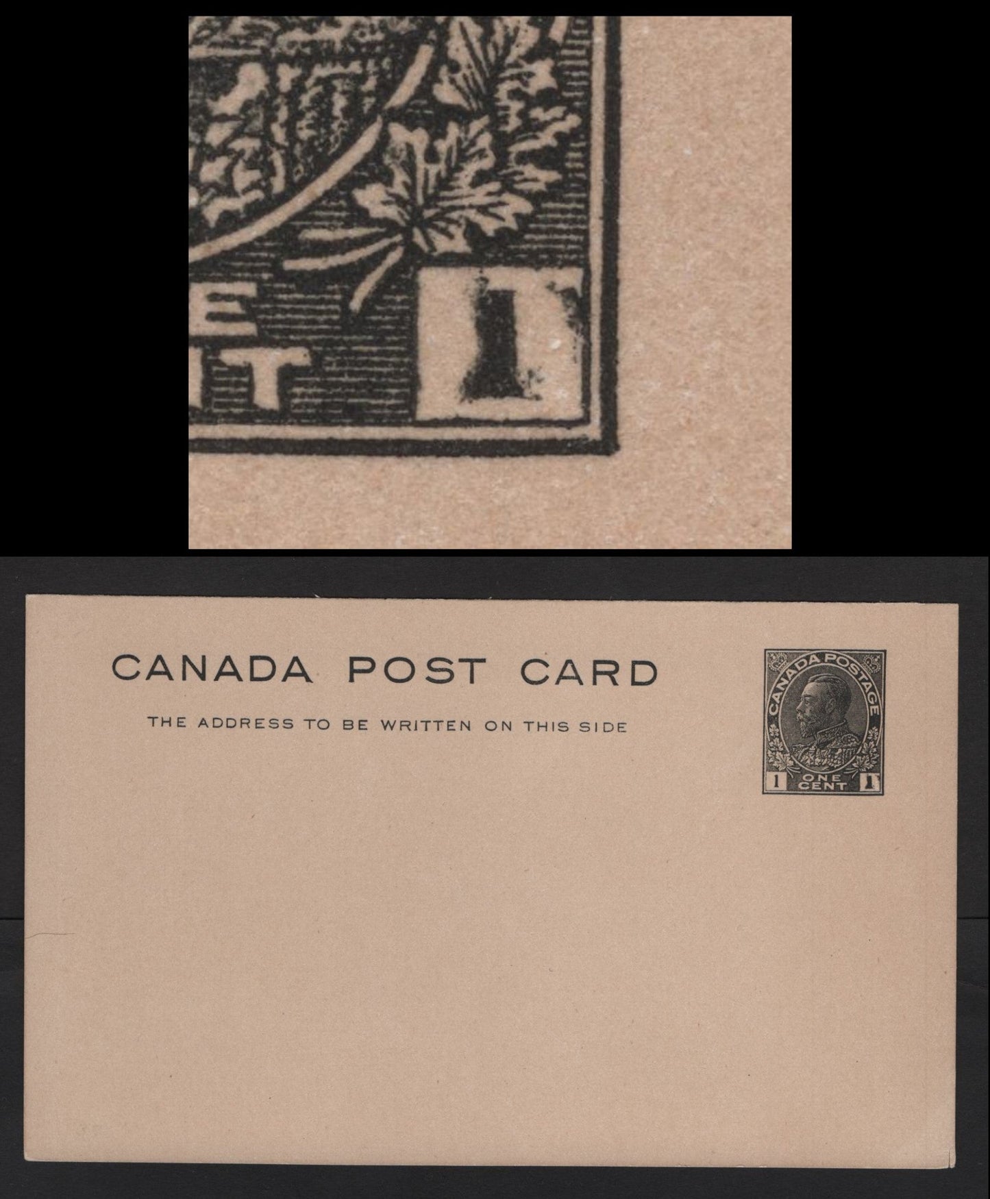 Lot 244 Canada #UY32 1c Black King George V, 1912-1929 Admiral Issue, A VF Postcard Type 6 Message Portion Showing Thick, Deformed "1" At Right
