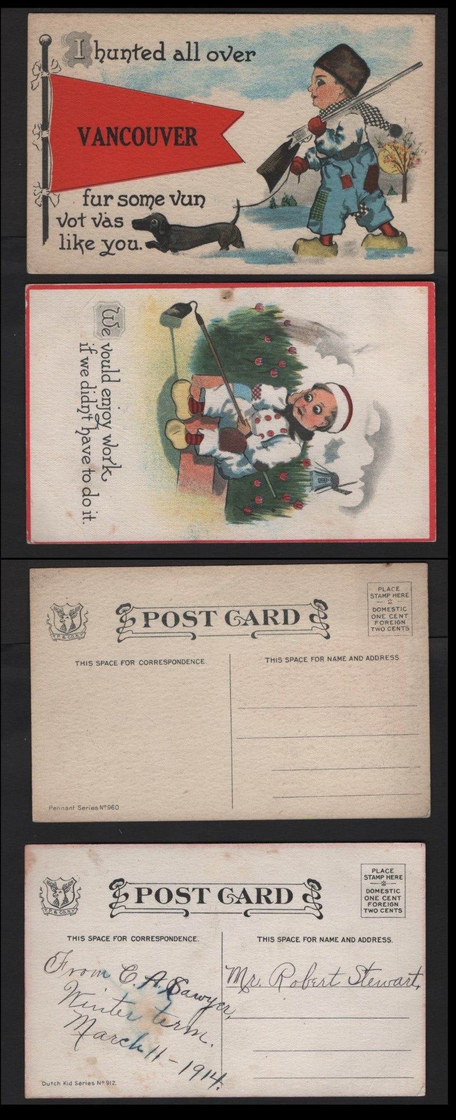 Lot 245 Canada 2 VF Unused & Used Sentimental Postcards Pennant Series #960 and Dutch Kid Series #912, No Stamps