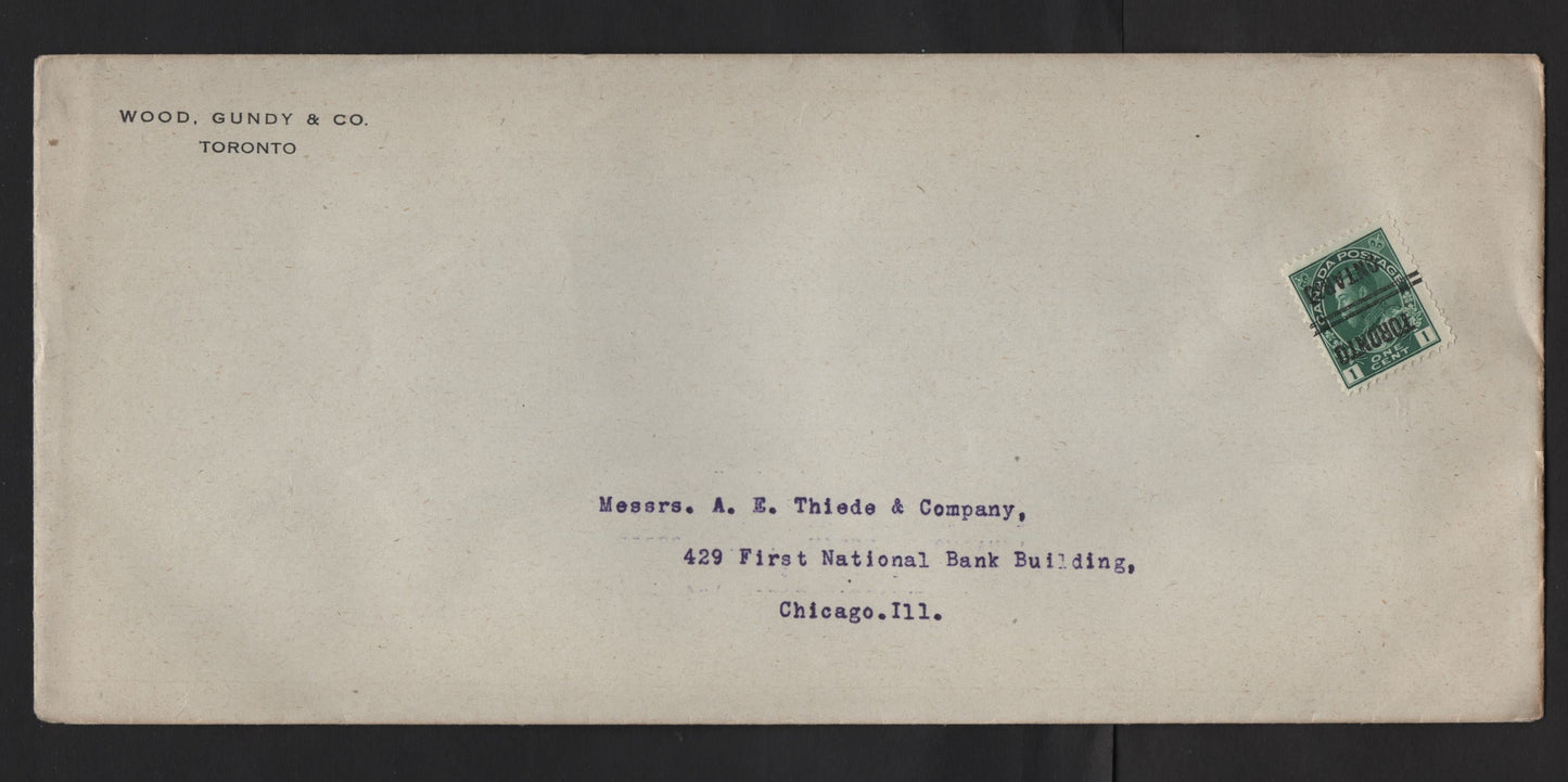 Lot 249 Canada #104xx 1c Dark Green King George V, 1911-1928 Admiral Issue, A VF Domestic Printed Matter Cover Franked With Single Bearing Inverted Toronto Style 5 Precancel, Wood Gundy & Co. Corner Card