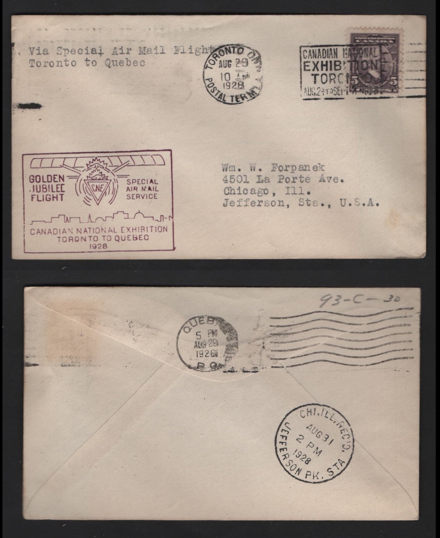 Lot 260 Canada AAMC#2839c 5c Dull Slate Violet Wilfred Laurier, 1927 Confederation Issue, A VF Commemorative Fight Cover CNE Golden Jubilee Flight: Toronto-Quebec