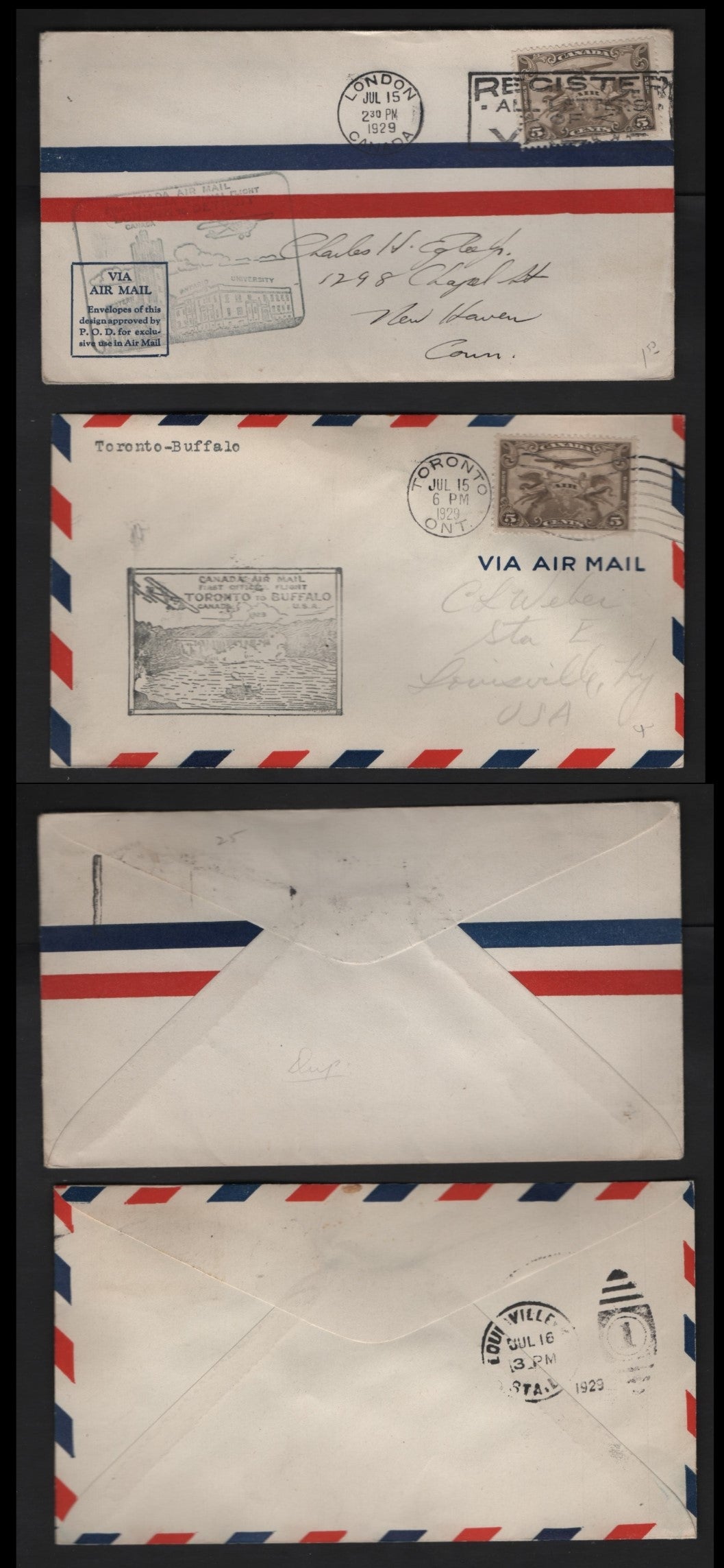 Lot 267 Canada AAMC#2943, 2945h 5c Olive Brown Allegory Of Flight, 1928-1929 Scroll Issue Airmail, 2 VF Commemorative Fight Covers Toronto-Buffalo and London-Detroit Flights