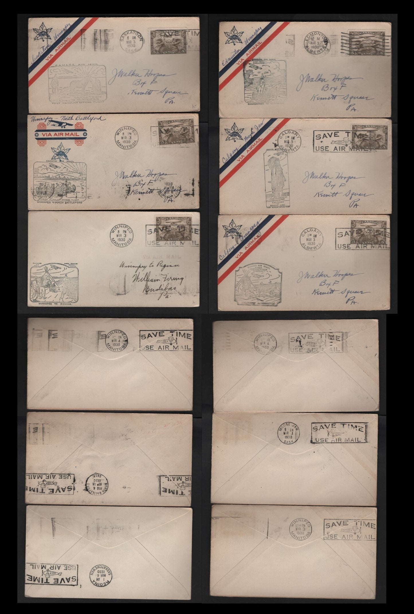 Lot 269 Canada AAMC#3011, e, t, v, ae, aj 5c Olive Brown Allegory Of Flight, 1928-1929 Scroll Issue Airmail, 5 Fine Commemorative Fight Covers Regular Prairie Service Flights: Saskatoon/Winnipeg/North Battleford/Regina/Edmonton/Calgary/Moose Jaw