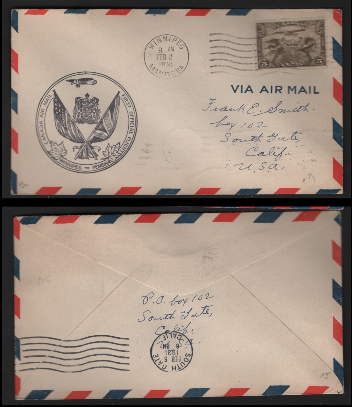 Canada AAMC#3105 5c Olive Brown Allegory Of Flight, 1928-1929 Scroll Issue Airmail, A VF Commemorative Fight Cover Winnipeg-Pembina Flight