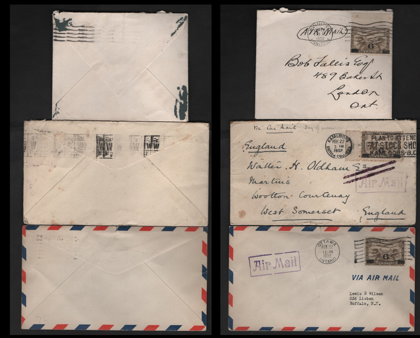 Lot 275 Canada AAMC#C3 6c on 5c Olive Brown Allegory Of Flight, 1932 Surcharged Airmail Issue, 3 Fine & VF Plain First Day Covers Two Sent Domestically & One Sent to UK