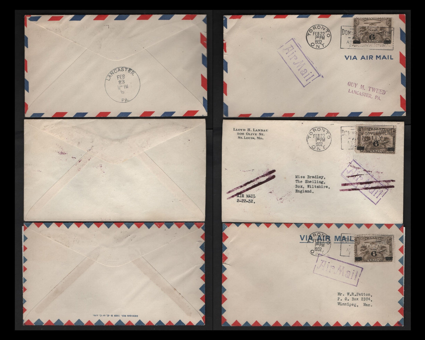Lot 276 Canada #C3 6c on 5c Olive Brown Allegory Of Flight, 1932 Surcharged Airmail Issue, 3 VF Plain First Day Covers Two Sent Domestically & One Sent to UK