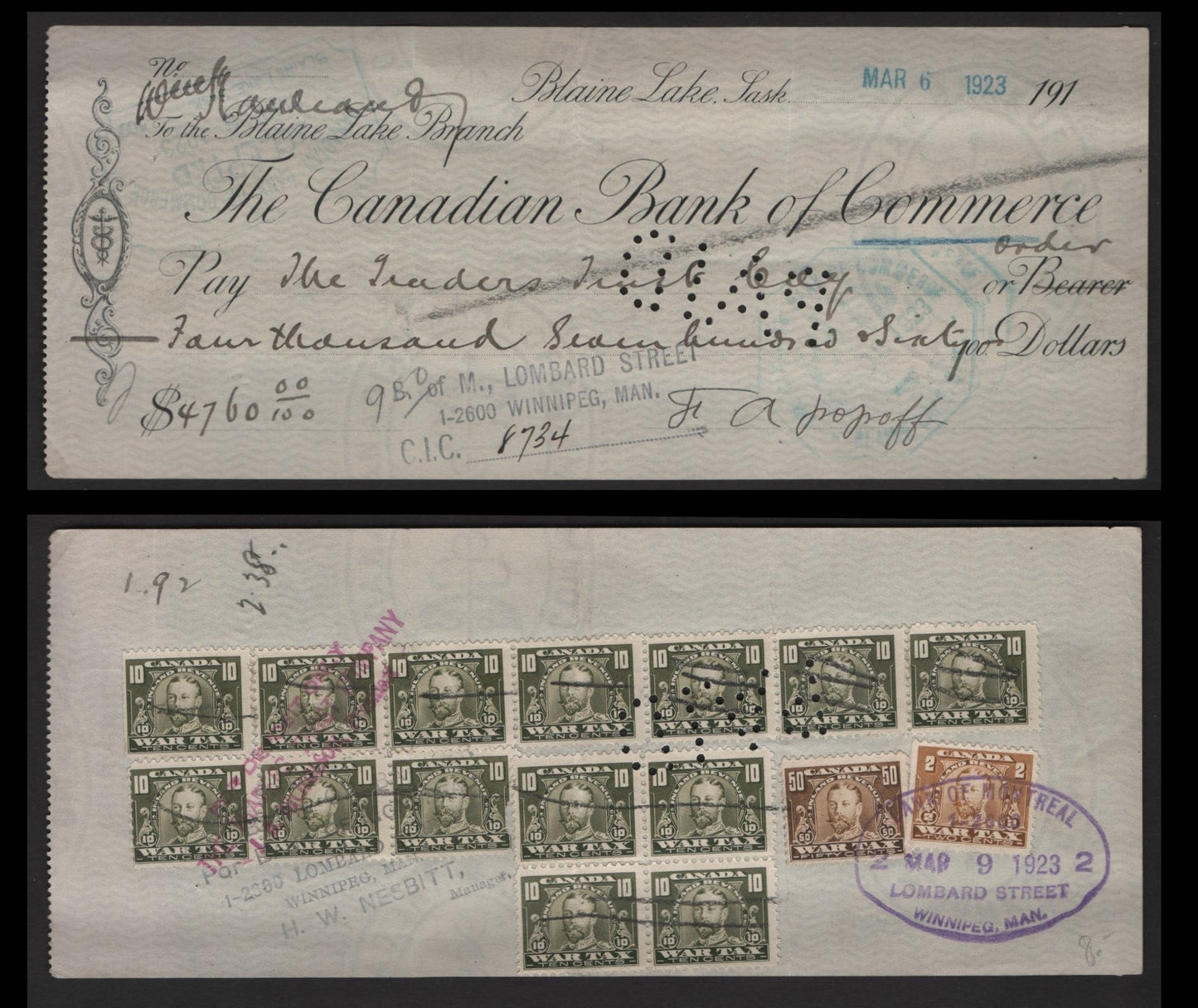 Lot 285 Canada #FWT 8, FWT13, FWT16 2c,10c, 50c Yellow Brown, Olive Green & Brown King George V, 1920 War Tax Issue, A VF Canadian Bank Of Commerce Cancelled Cheque $1.92 Tax Paid With 2c x 1, 50c x 1 & 14 x 10c Stamps, Usual Fold Creases