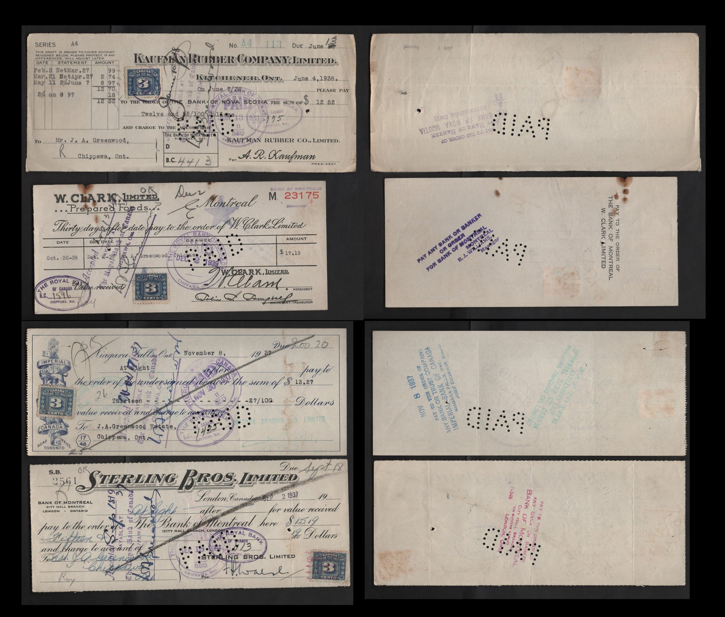 Lot 290 Canada #FX64 3c Blue Numeral, 1934-1948 Three Leaf Excise Tax, 4 Fine & VF Imperial Bank Of Canada & Private Company Cancelled Cheques Imperial Bank Of Commerce, Sterling Bros Ltd., W. Clark Ltd., Kaufman Rubber Company