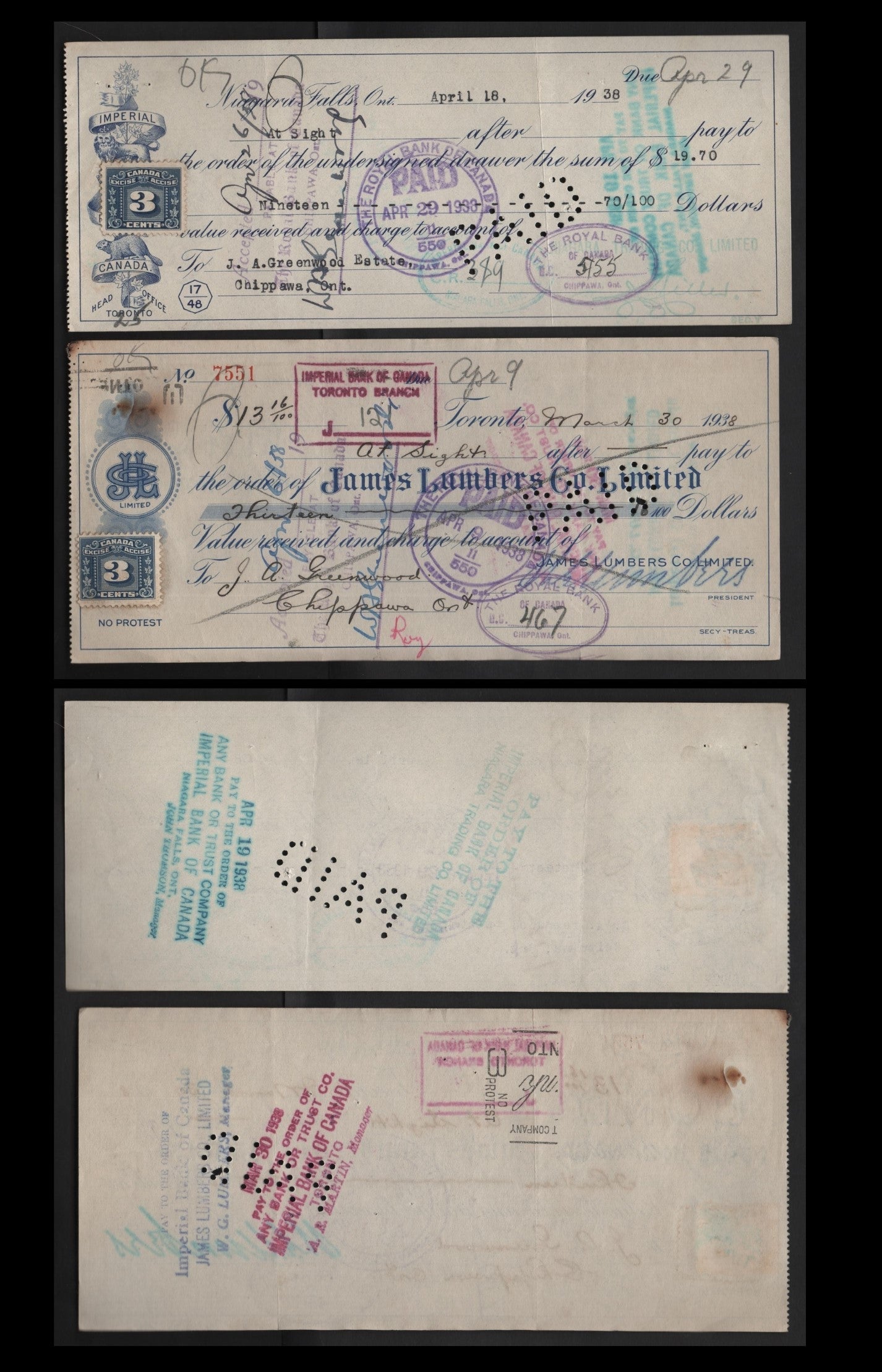 Canada #FX64 3c Blue Numeral, 1934-1948 Three Leaf Excise Tax, 2 Fine & VF Imperial Bank Of Canada & James Lumbers Co. Ltd. Cancelled Cheques