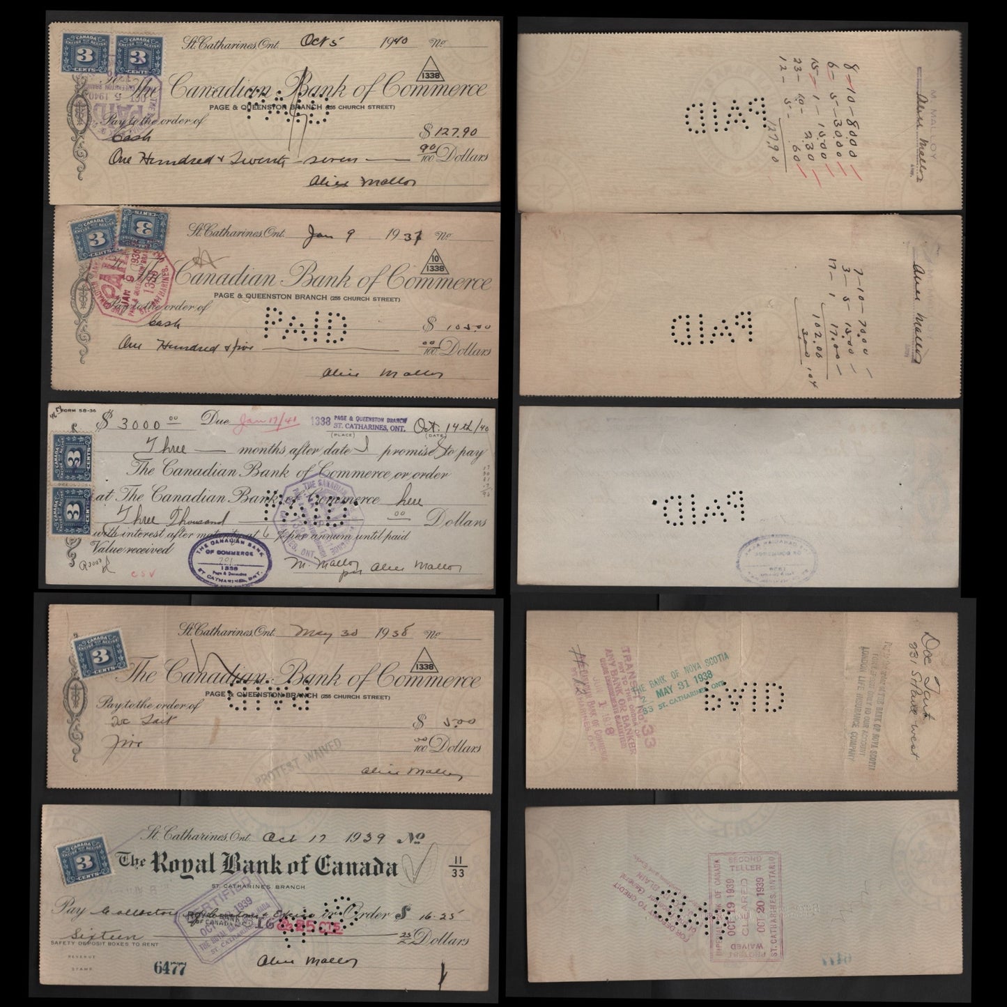 Canada #FX64 3c Blue Numeral, 1934-1948 Three Leaf Excise Tax, 5 Fine & VF Cancelled Cheques Canadian Bank of Commerce & Royal Bank
