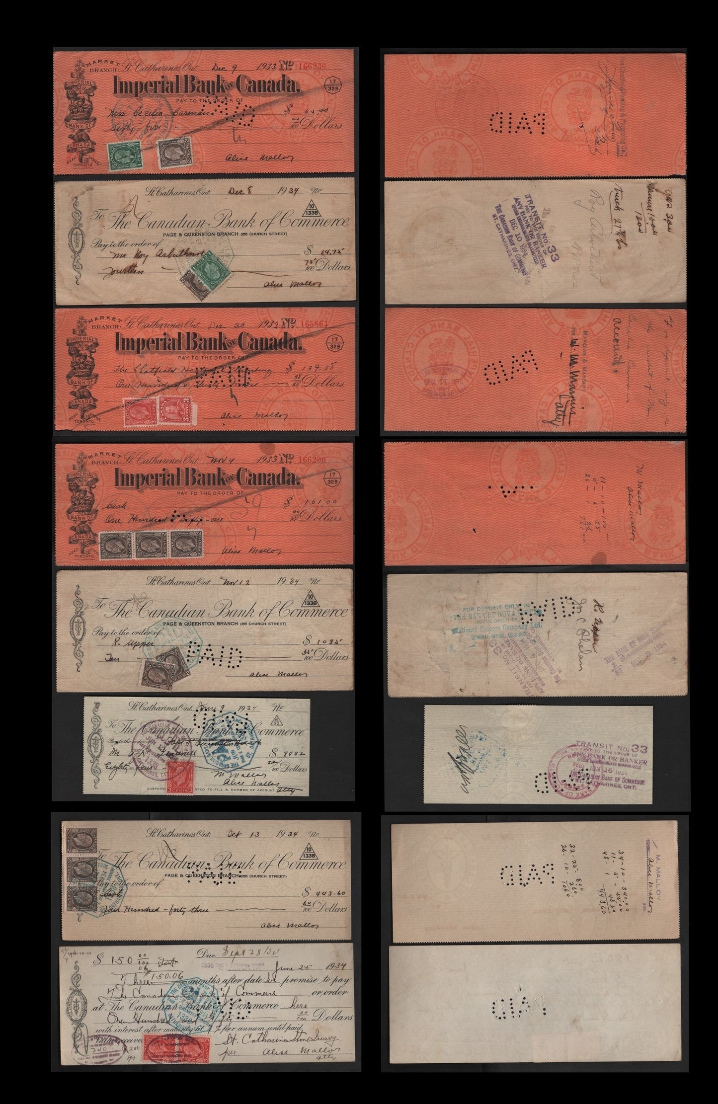 Lot 294 Canada #195, 195d, 196, 167, 197, 197c 1c-3c Dark Green - Scarlet King George V, 1932-1935 Medallion Issue, 8 Fine & VF Cancelled Cheques Canadian Bank of Commerce & Imperial Bank Of Canada, Both Dies of 3c & Wet & Dry Rotary 1c