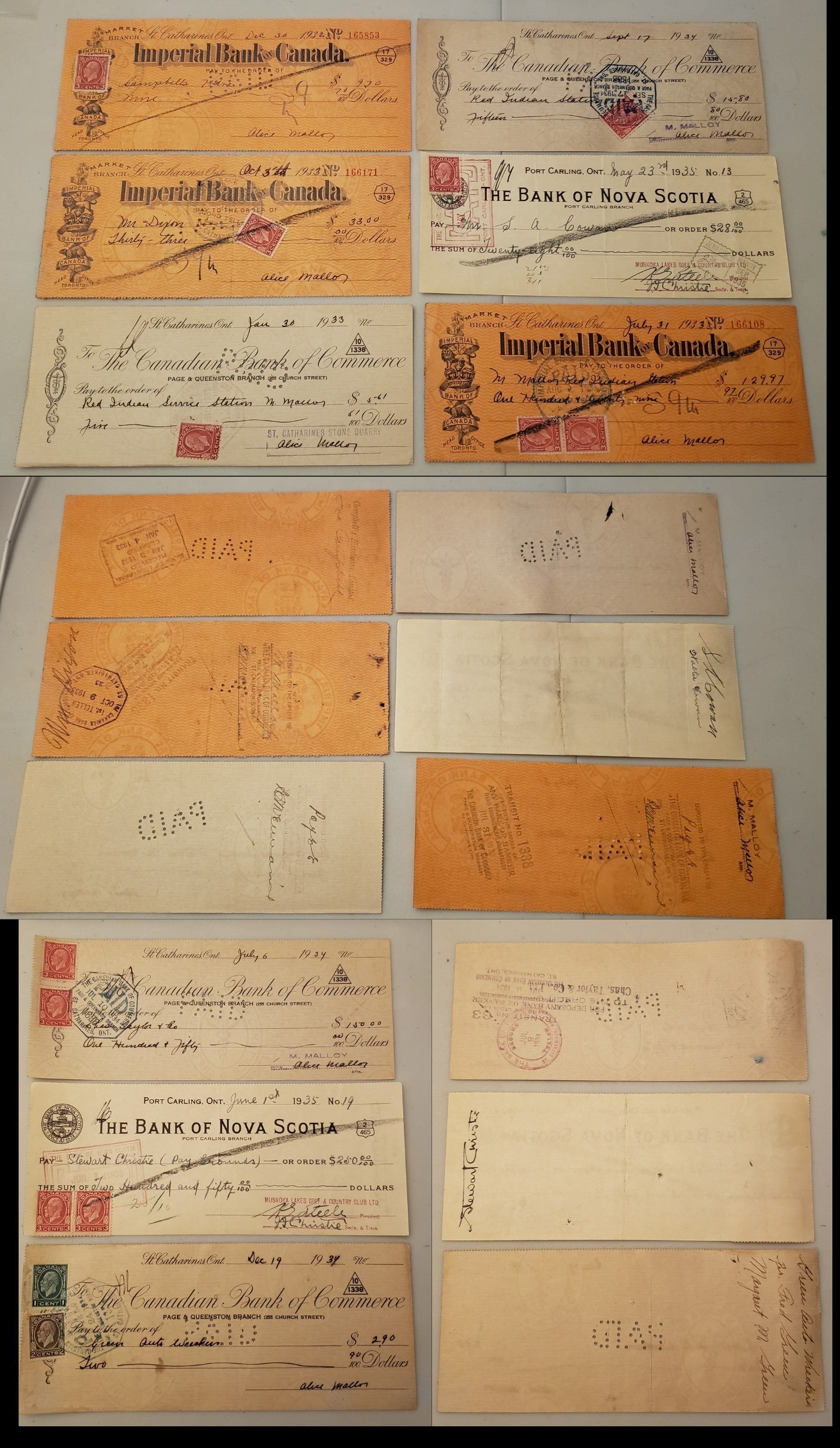 Canada #195-197, 197c 1c-3c Dark Green - Scarlet King George V, 1932-1935 Medallion Issue, 9 VF Cancelled Cheques Canadian Bank of Commerce, Bank of Nova Scotia & Imperial Bank Of Canada, Both Dies of 3c