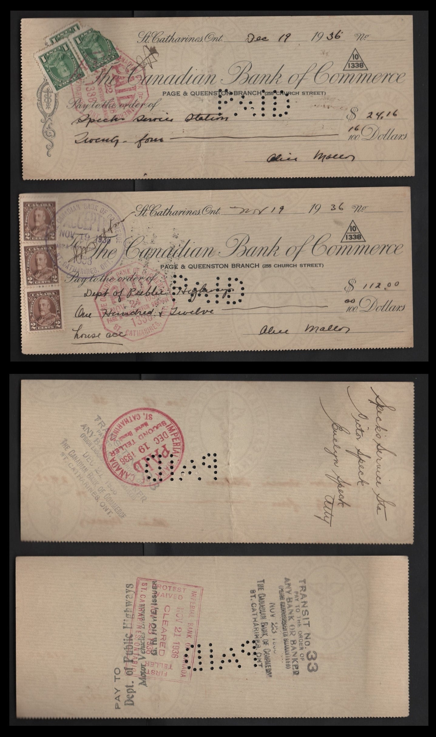 Lot 297 Canada #217-218 1c-2c Green & Brown King George V, 1935-1937 Dated Die Issue, 2 VF Canadian Bank Of Commerce Cancelled Cheques