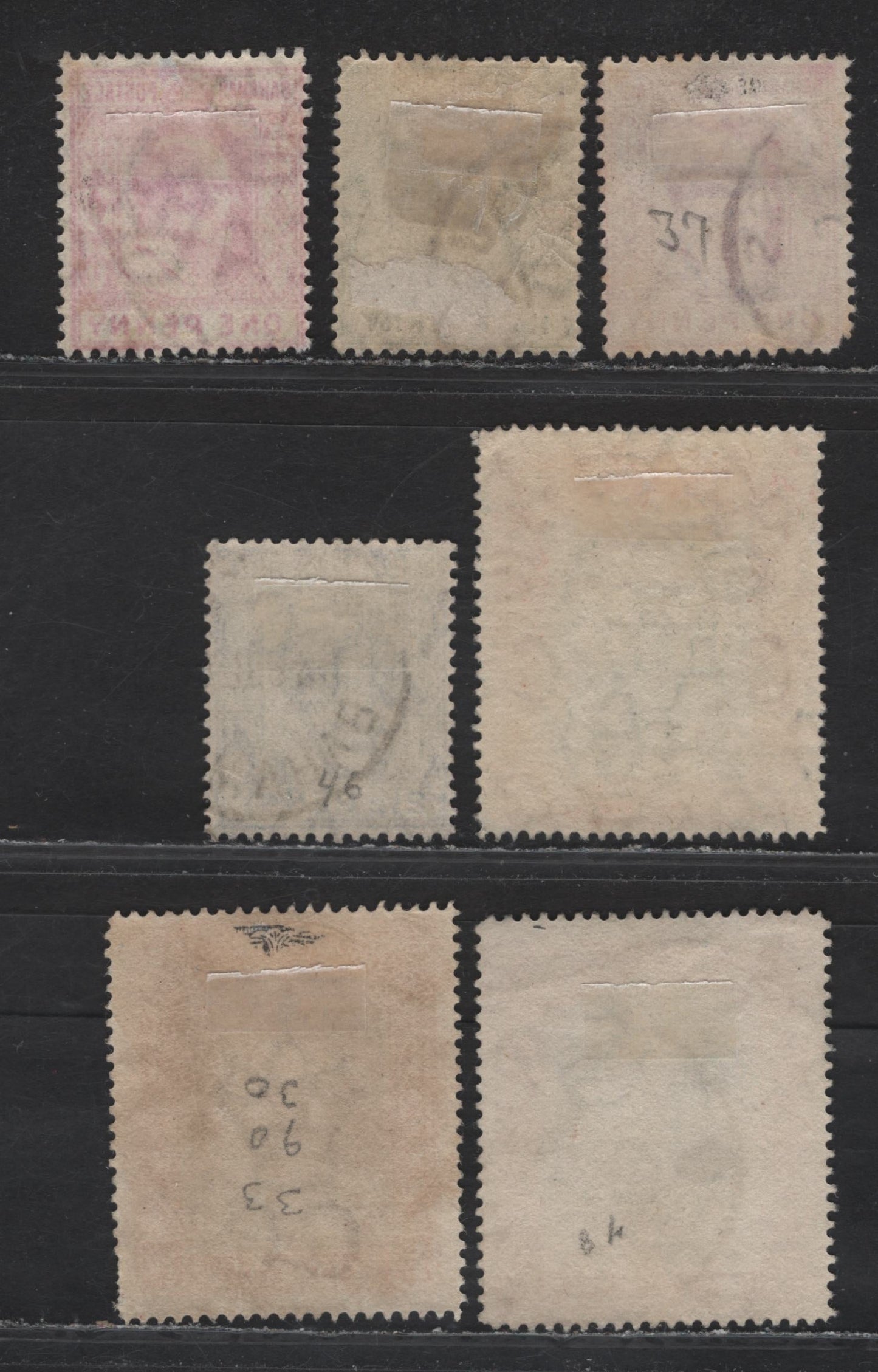 Lot 30 Bahamas SG#58, 62, 71-73, 75-a 1d Black & Red - Gray Black & Scarlet Queens Staircase, 1901-1919 Queens Staircase Definitive Issues, 7 Very Good/Fine/Very Fine Used Singles, Crown CC & Multiple Crown CA Wmks