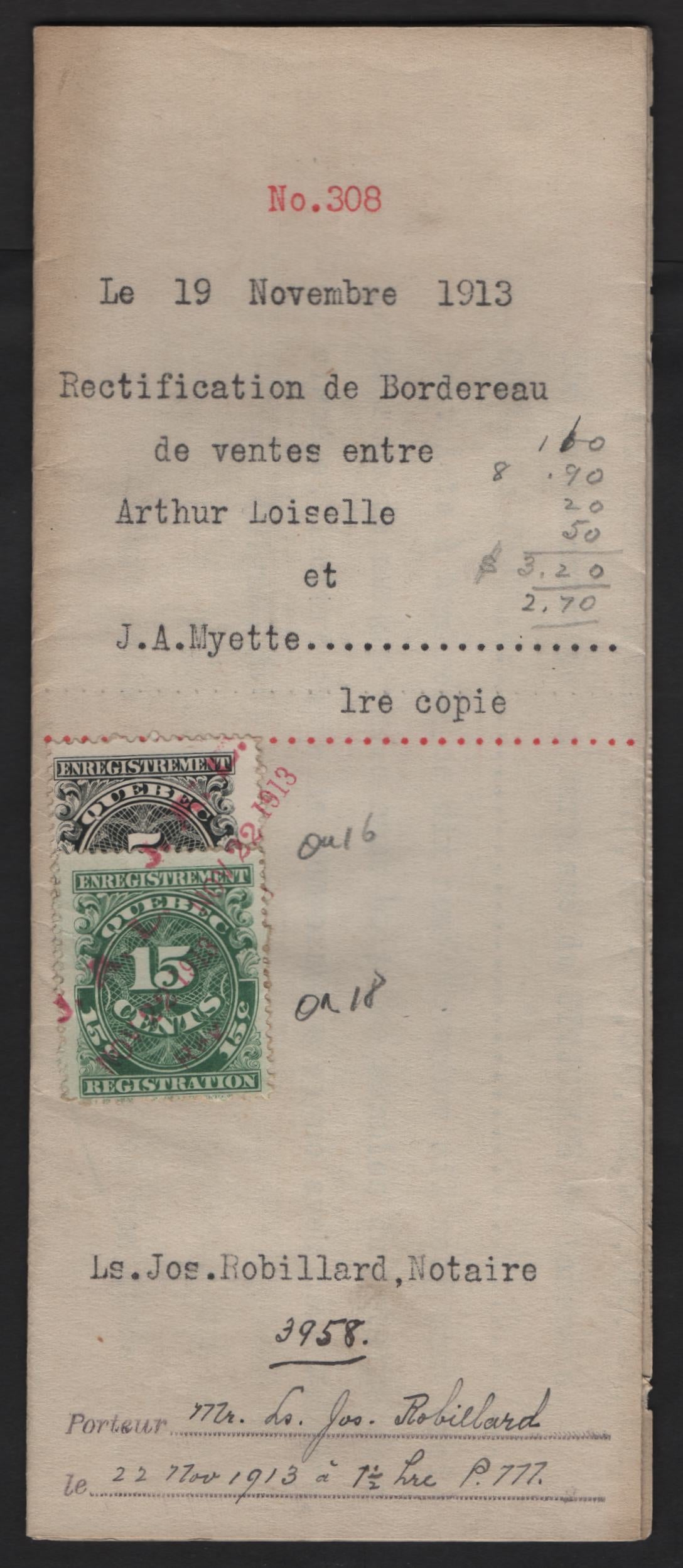 Lot 302 Canada - Province of Quebec #QR16, QR18 5c, 15c Black & Green Numeral, 1912 Registration Issue, A VF Amendment to Contract/Registration of Judgement