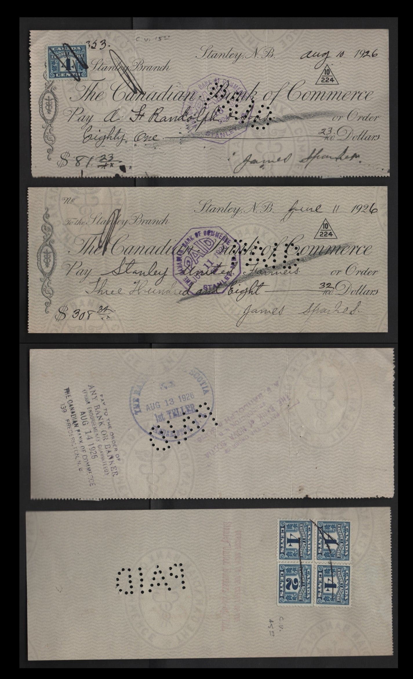 Lot 306 Canada #FX39, FX36 2c, 4c Blue Numeral, 1915-1928 Two Leaf Excise Tax Issue, 2 VF Canadian Bank Of Commerce Cancelled Cheques Dry Printings